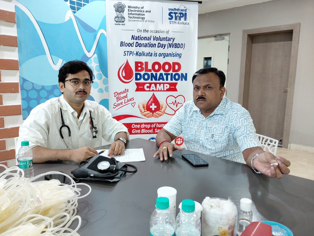 stpi_kolkata's tweet photo. On National Voluntary Blood Donation Day, 58 officials &amp; incubatees of STPI-Kolkata donated blood. The day honours voluntary donors, promotes regular unpaid donation &amp; reflects compassion, solidarity &amp; Jan Bhagidari. #BloodDonation #STPIINDIA https://t.co/D6sebqgZQb