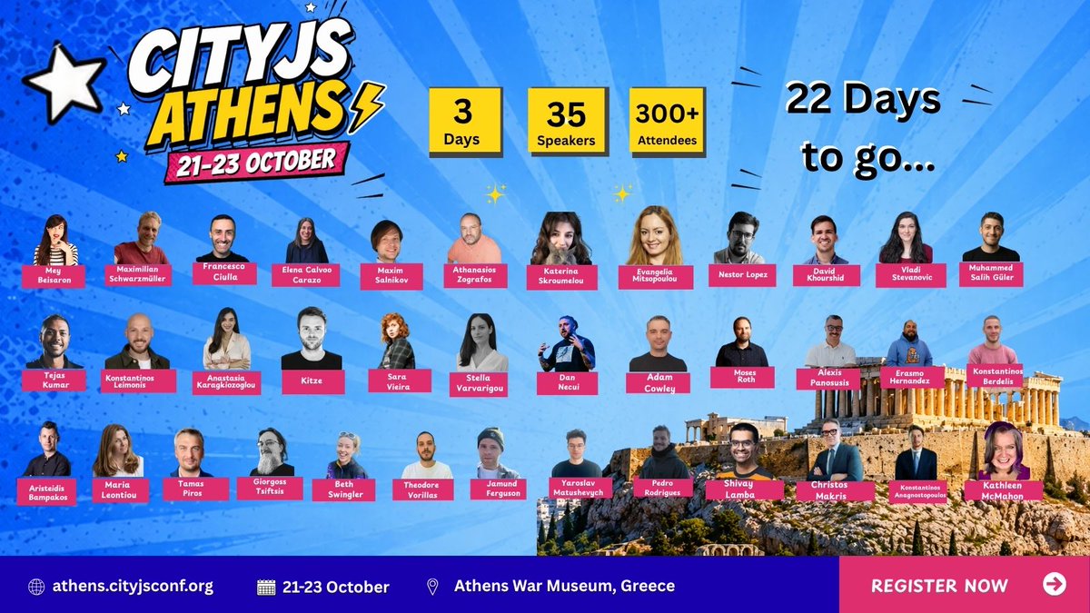 cityjsconf's tweet photo. 🚀 22 DAYS TO GO.

35+ speakers. Athens 🇬🇷. One big conversation about what’s next for JavaScript, AI & software development.

But it’s not just about the talks.

It’s the people. The hallway conversations. The ideas. The #community shaping what comes next.

🎟️ Register now, limited spots available.

#JavaScript #AI #Athens
