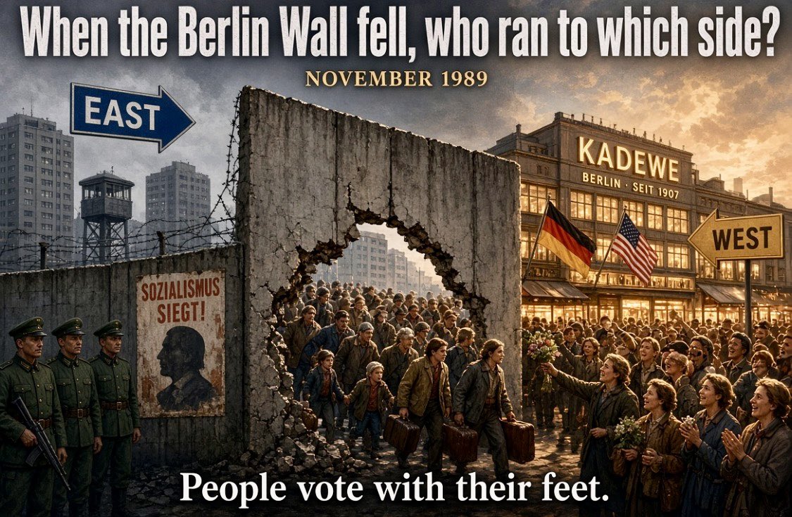 1981Descartes's tweet photo. @SenJohnKennedy Which way did the traffic flow when freedom finally opened the gates?

Sen. John Kennedy's question stops you in your tracks: When the Berlin Wall fell, who ran to which side?
What’s your take?
#BerlinWall #HistoryLessons #FreeMarket #Discussion https://t.co/3sNQSAqwNF