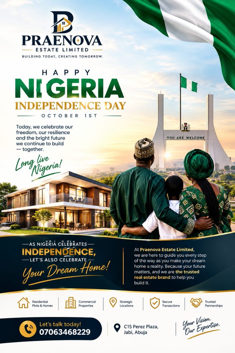 Praenovaestate's tweet photo. 🇳🇬 HAPPY INDEPENDENCE DAY, NIGERIA!🇳🇬

Today, we celebrate our freedom, resilience and the beautiful future we continue to build together.

Happy Independence Day from all of us at PraeNova Estate Limited! 💚🤍💚

Building Today. Creating Tomorrow. https://t.co/IFPrX0Icpa