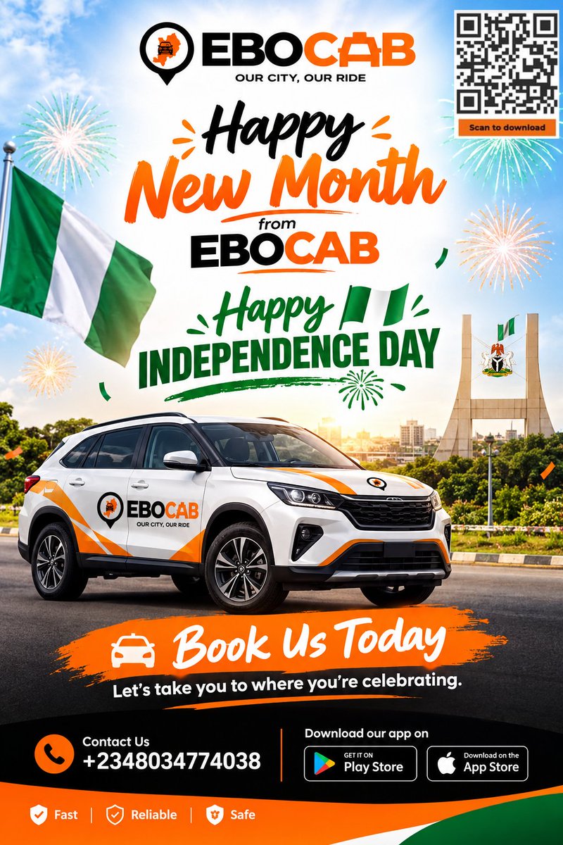 officialebocab's tweet photo. Happy new month and Happy Independence Day 🇳🇬🎆
Wherever you’re celebrating, let Ebocab handle the ride. 🚗
#Ebocab #HappyNewMonth #IndependenceDay #Nigeria #BookEbocab https://t.co/KzDtMOsDsT
