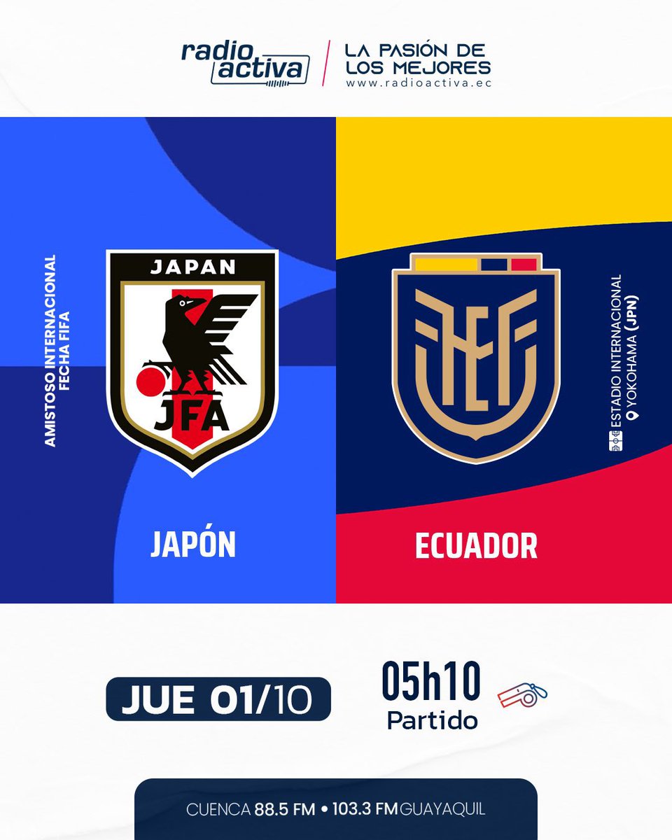 radioactiva_ec's tweet photo. [EN VIVO] Iniciamos la transmisión del partido: #Japón 🇯🇵 🆚 🇪🇨 #Ecuador 

#CopaKirin 🏆 

🗣️ Relata: @geramocam 
🎙️ Comenta: @DiegoMartinez_C 
✍🏻 Informes: @DiegoZeaV 
📖 Comercial: @adrianfreire_ec 

Escúchalo en: 🎧 #Radioactiva 
📻 88.5FM - CUE | 103.3FM - GYE 
🌍 https://t.co/8CyHg89RHo