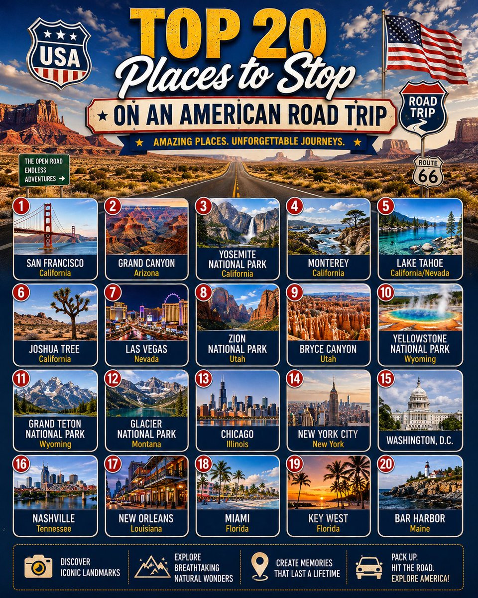 PhilipeCastro's tweet photo. 20 stops. One epic American road trip! From red-rock canyons to coastal sunsets, pack your bags, start the engine, and chase the adventure. 🚗

#AmericanRoadTrip #RoadTripUSA #ExploreAmerica #USAtravel #TravelUSA #BucketList #RoadTrip https://t.co/W4UV3oGMVS