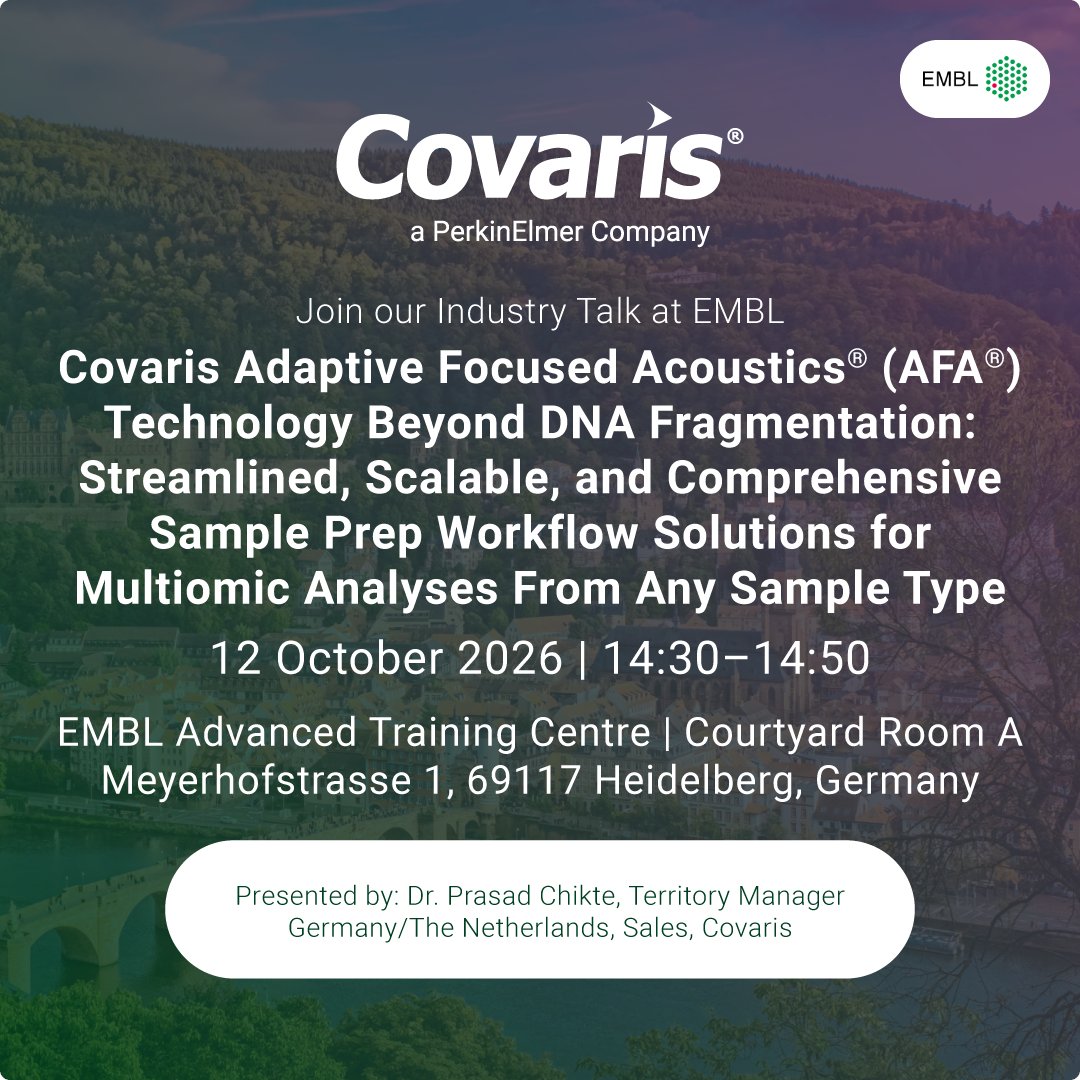 Covaris's tweet photo. Join Covaris at #EMBL Industry Day in Heidelberg!
Dr. Prasad Chikte will explore how AFA® technology goes beyond DNA fragmentation to support streamlined, scalable sample prep for multiomic analyses.
📅 Oct. 12 | 14:30–14:50
📍 Courtyard Room A
#Multiomics #SamplePrep https://t.co/3d3lYAdXKk
