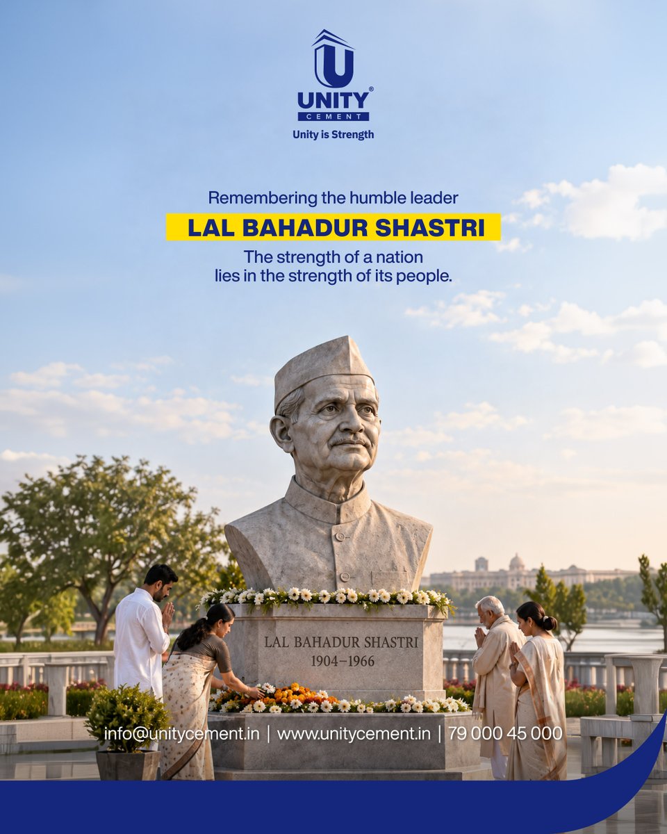 unitycement's tweet photo. A humble leader, remembered for a life of service and responsibility.
On Lal Bahadur Shastri Jayanti, we remember his contribution to the nation and the values he stood for.
Jai Jawan, Jai Kisan. 
#LalBahadurShastri #ShastriJayanti #UnityCement #UnityIsStrength #JaiJawanJaiKisan https://t.co/32seH3XIN8
