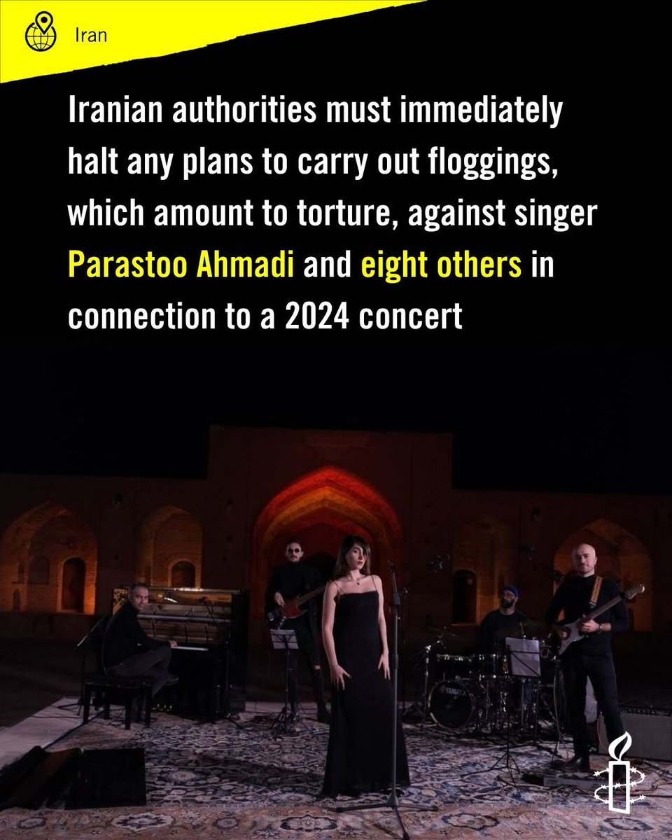 AmnestyIran's tweet photo. Iranian authorities must immediately halt any plans to carry out floggings, which amount to torture, against singer Parastoo Ahmadi and eight others in connection to a live-streamed 2024 concert in Qom province. 1/5 https://t.co/S6g4RKufc6