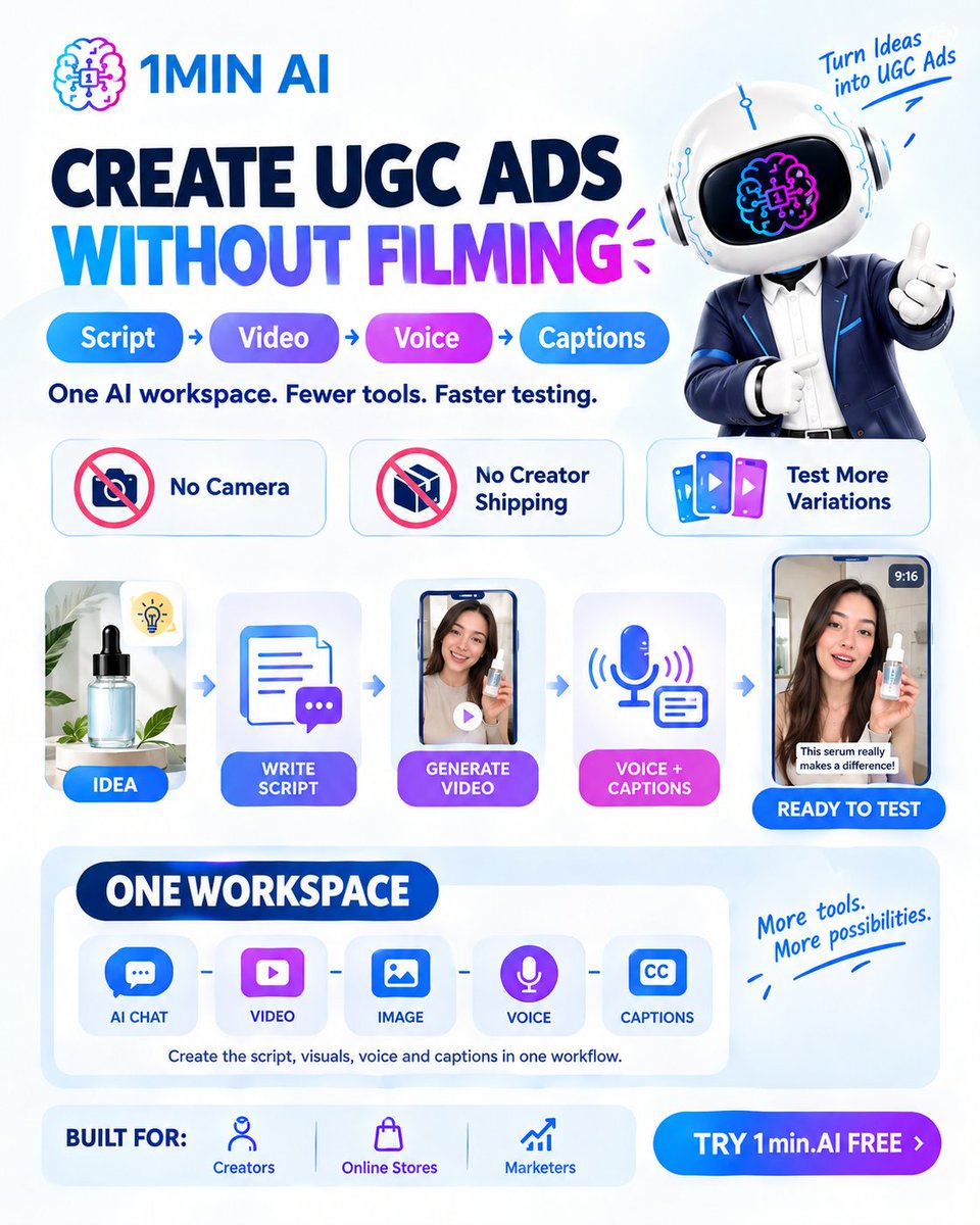 1min_dot_AI's tweet photo. π₯ Create UGC ads without filming or juggling multiple tools.
Script π‘ β Video π¬ β Voice ποΈ β Captions π¬
Start with free credits on https://t.co/Dbrldj1q3S and test more ad variations.
π https://t.co/Dbrldj1q3S AI UGC Video Generator
#AIUGC #AIVideo #1minAI https://t.co/NcRaN65xhY