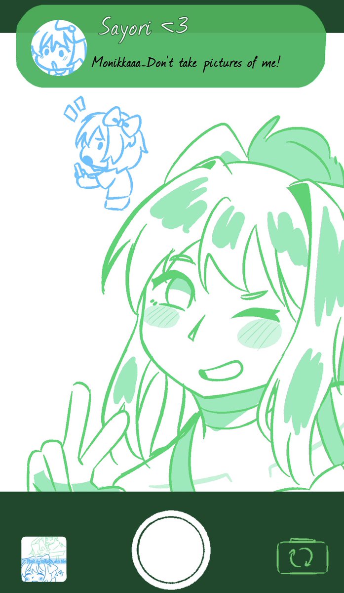 SayonikaDaily_'s tweet photo. Day 3 + 4! 

‘Someone might’ve forgotten she’s on a sleepover~’ - 💚

#ddlc #sayonika https://t.co/yz4cjaH4cI