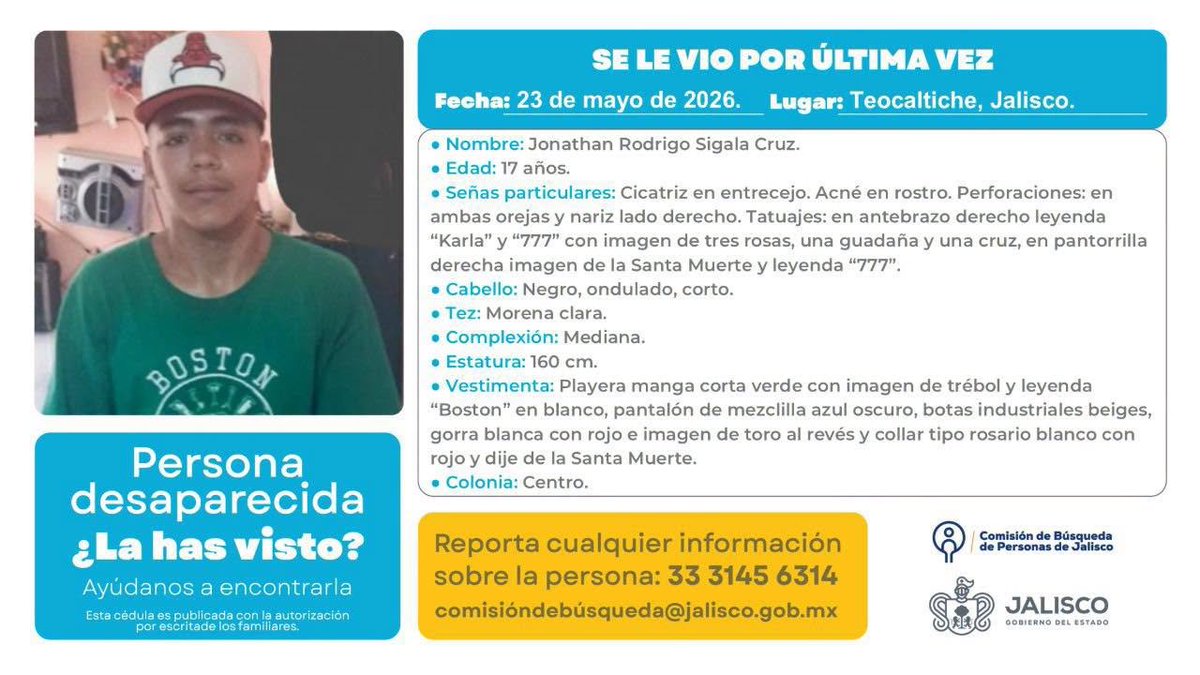 VMGlezR's tweet photo. Se reporta la desaparición de un joven en #Teocaltiche, #Jalisco. https://t.co/0xucNlrIJJ
