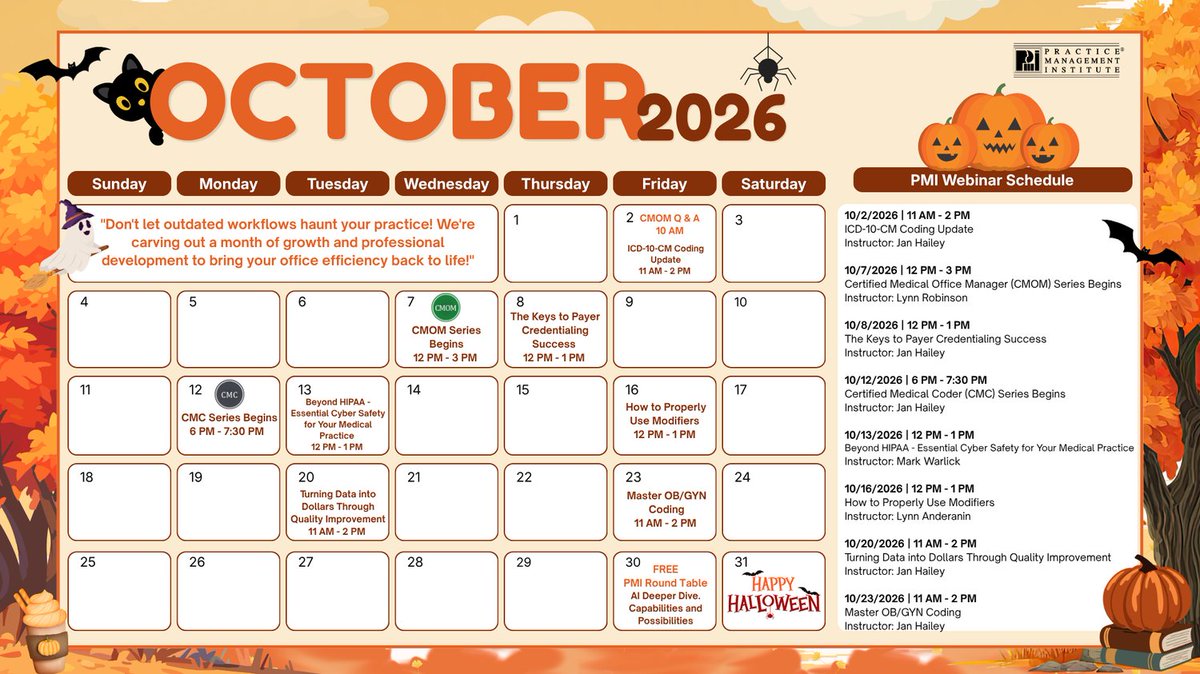 pmimd's tweet photo. 🎃 Get ready for a SPOOKTACULAR October! 👻 We’re banishing the ghosts of inefficient workflows &amp; bringing the treats of professional growth straight to your medical office! 💉✨ Don’t let your skills become a ghost of the past!🦇🍬 
https://t.co/IH5jh92Cl6

#PMI https://t.co/JfGMFdm27d