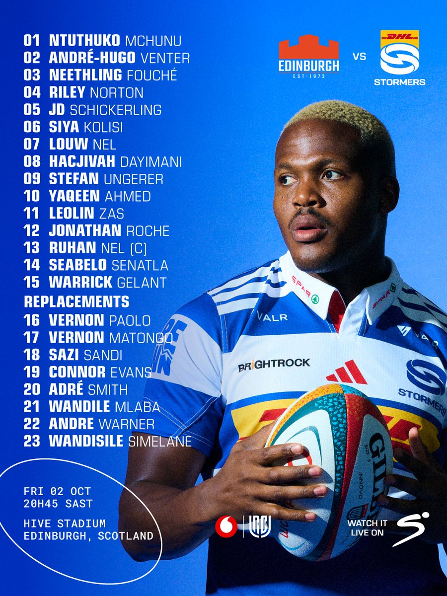 THESTORMERS's tweet photo. Here is how we will line up for the @Vodacom #URC Round Two clash in Edinburgh on Friday night.
📢 Full announcement https://t.co/20n1n3GPuo
#EDIvSTO #inittogether https://t.co/PmIwn8O7vD