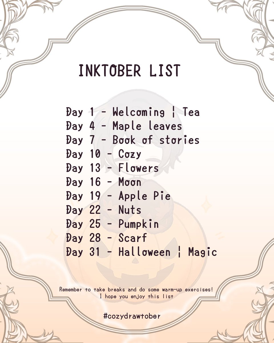 yueruyure's tweet photo. 🎃✨ Welcome October prompts✨🎃

The list includes short breaks—you can participate with sketches, designs, or even writing!
I hope you have fun! 💛

#cozydrawtober
#comfytober_yun https://t.co/625Ub81BF7