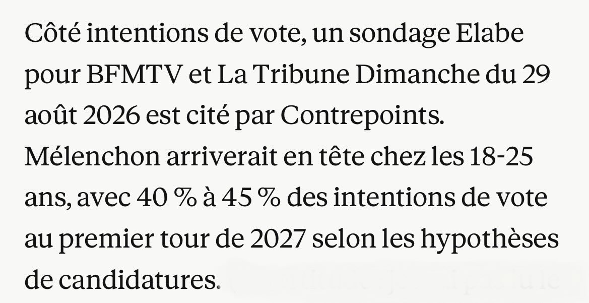 panayiotis_ma's tweet photo. @SarahHRakM4 Sondage Elabe - Mélenchon arriverait en tête chez les 18-25 ans, avec 40 % à 45 % des intentions de vote au premier tour de 2027🤯 https://t.co/Ym5EHPKIfs