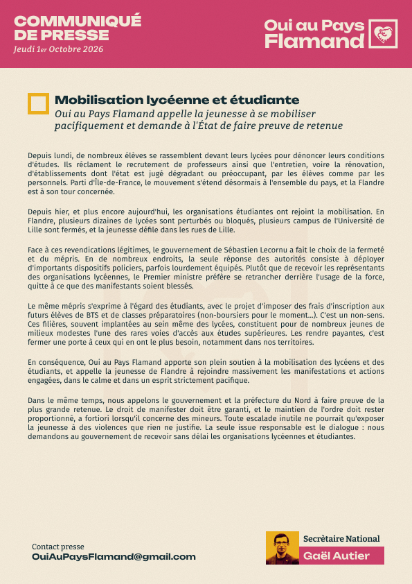 OuiPaysFlamand's tweet photo. [COMMUNIQUÉ 📢] - Mobilisation lycéenne et étudiante : Oui au Pays Flamand soutient la mobilisation de la jeunesse, et demande à l'État de faire preuve de retenue et d'écoute sincère. 📷
@autier_gael https://t.co/mAYEfCeQ13