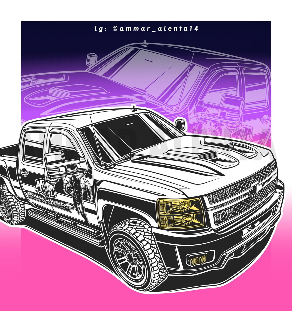 ammar_alenta's tweet photo. A truck with real personality, bold hood scoop, and off road ready wheels built to stand out wherever it goes.

Feel free to reach out if you'd like your vehicle illustrated :D

#truckart #lineart #chevrolet #customtrucks #automotiveart https://t.co/9MYI9lMRYn