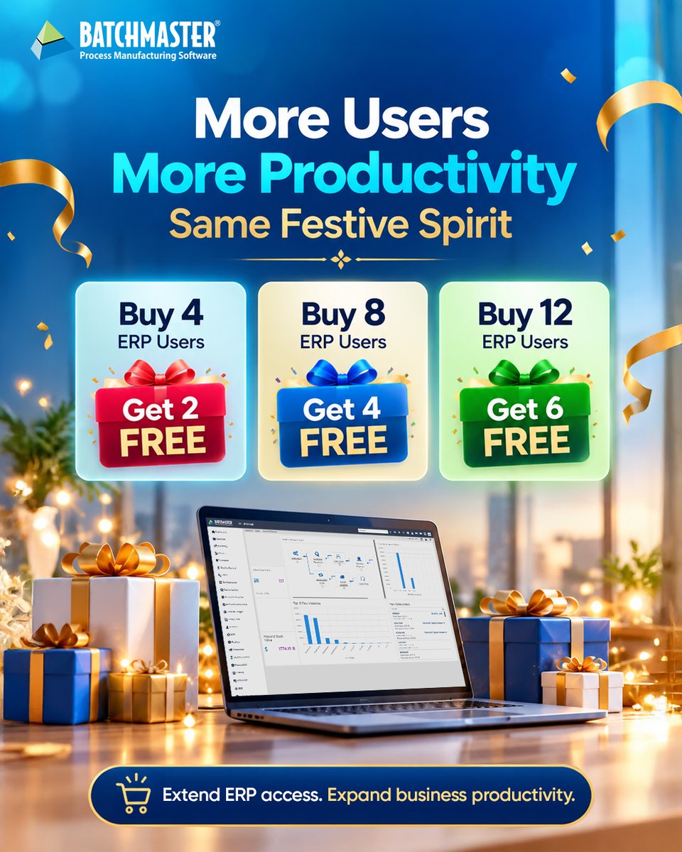 BatchMasterInd's tweet photo. This festive season, bring more of your team onto BatchMaster and get more value from your ERP investment — without letting user costs slow adoption.

#BatchMasterERP #ERPSoftware #ManufacturingERP #BusinessProductivity #FestiveOffer https://t.co/SdG6xvoiX9