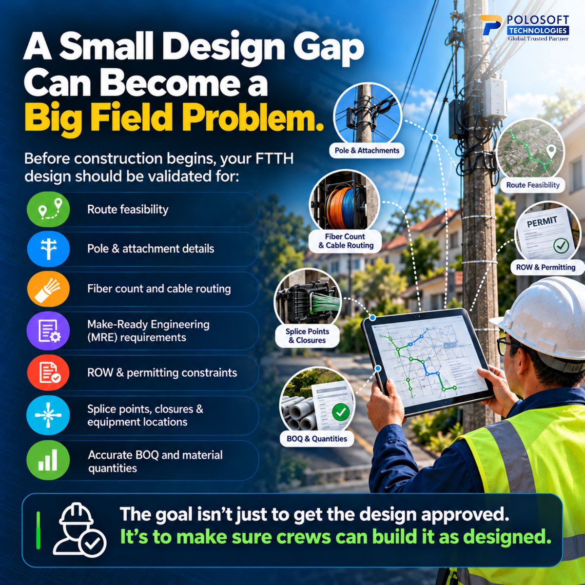 Polosofttech's tweet photo. Your FTTH design passed review, but is it actually construction-ready?
Talk to Polosoft about your #FTTH engineering needs.
https://t.co/rkpMGFAspO
#FTTx #FiberOptics #FiberNetwork #OSPDesign #TelecomEngineering #NetworkDesign #FiberDeployment #Telecom #PolosoftTechnologies https://t.co/cgoY232IVU