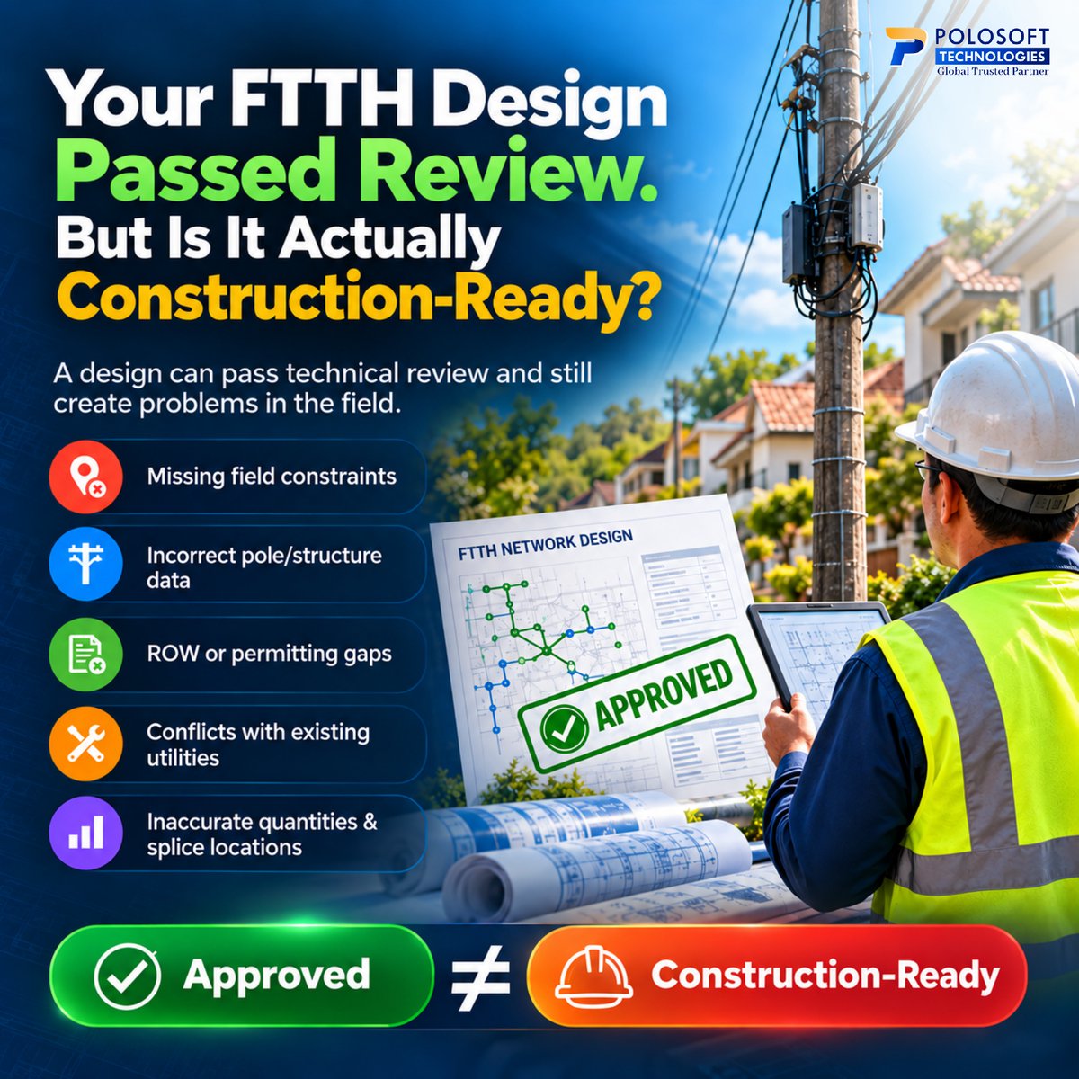 Polosofttech's tweet photo. Your FTTH design passed review, but is it actually construction-ready?
Talk to Polosoft about your #FTTH engineering needs.
https://t.co/rkpMGFAspO
#FTTx #FiberOptics #FiberNetwork #OSPDesign #TelecomEngineering #NetworkDesign #FiberDeployment #Telecom #PolosoftTechnologies https://t.co/cgoY232IVU