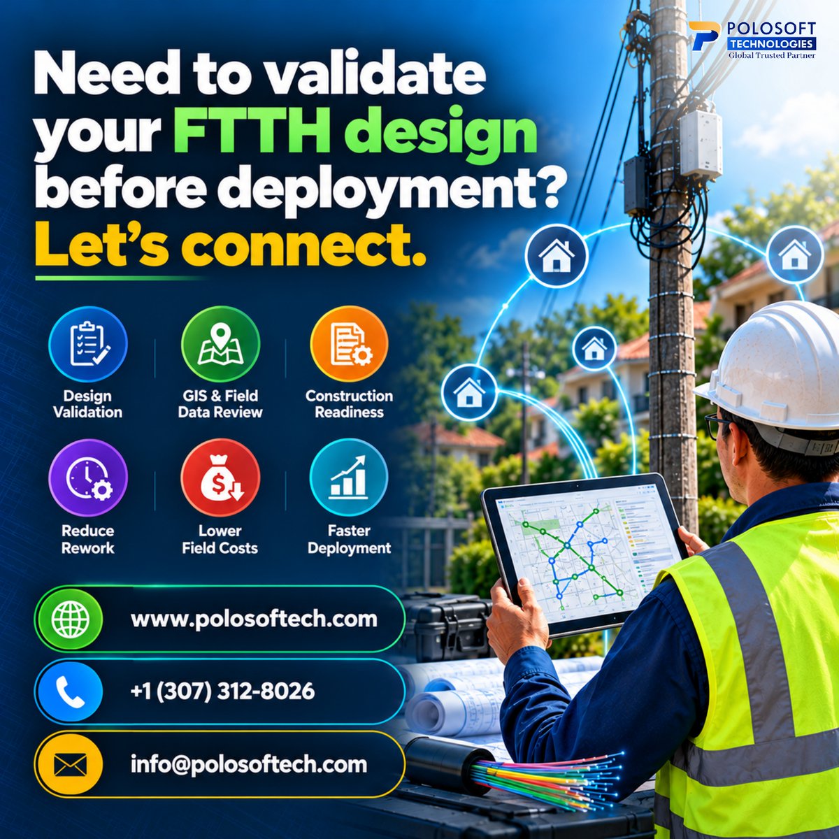 Polosofttech's tweet photo. Your FTTH design passed review, but is it actually construction-ready?
Talk to Polosoft about your #FTTH engineering needs.
https://t.co/rkpMGFAspO
#FTTx #FiberOptics #FiberNetwork #OSPDesign #TelecomEngineering #NetworkDesign #FiberDeployment #Telecom #PolosoftTechnologies https://t.co/cgoY232IVU