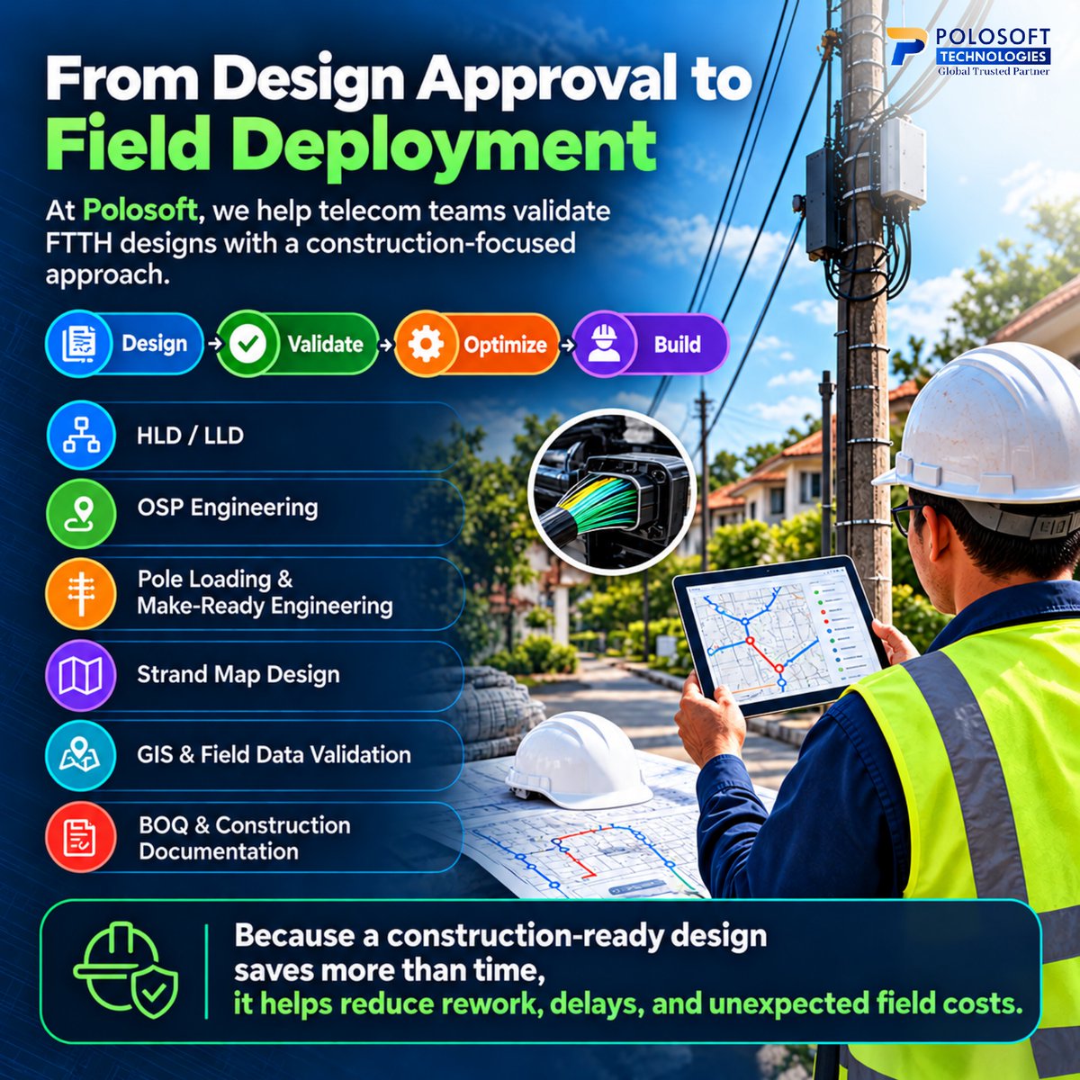 Polosofttech's tweet photo. Your FTTH design passed review, but is it actually construction-ready?
Talk to Polosoft about your #FTTH engineering needs.
https://t.co/rkpMGFAspO
#FTTx #FiberOptics #FiberNetwork #OSPDesign #TelecomEngineering #NetworkDesign #FiberDeployment #Telecom #PolosoftTechnologies https://t.co/cgoY232IVU