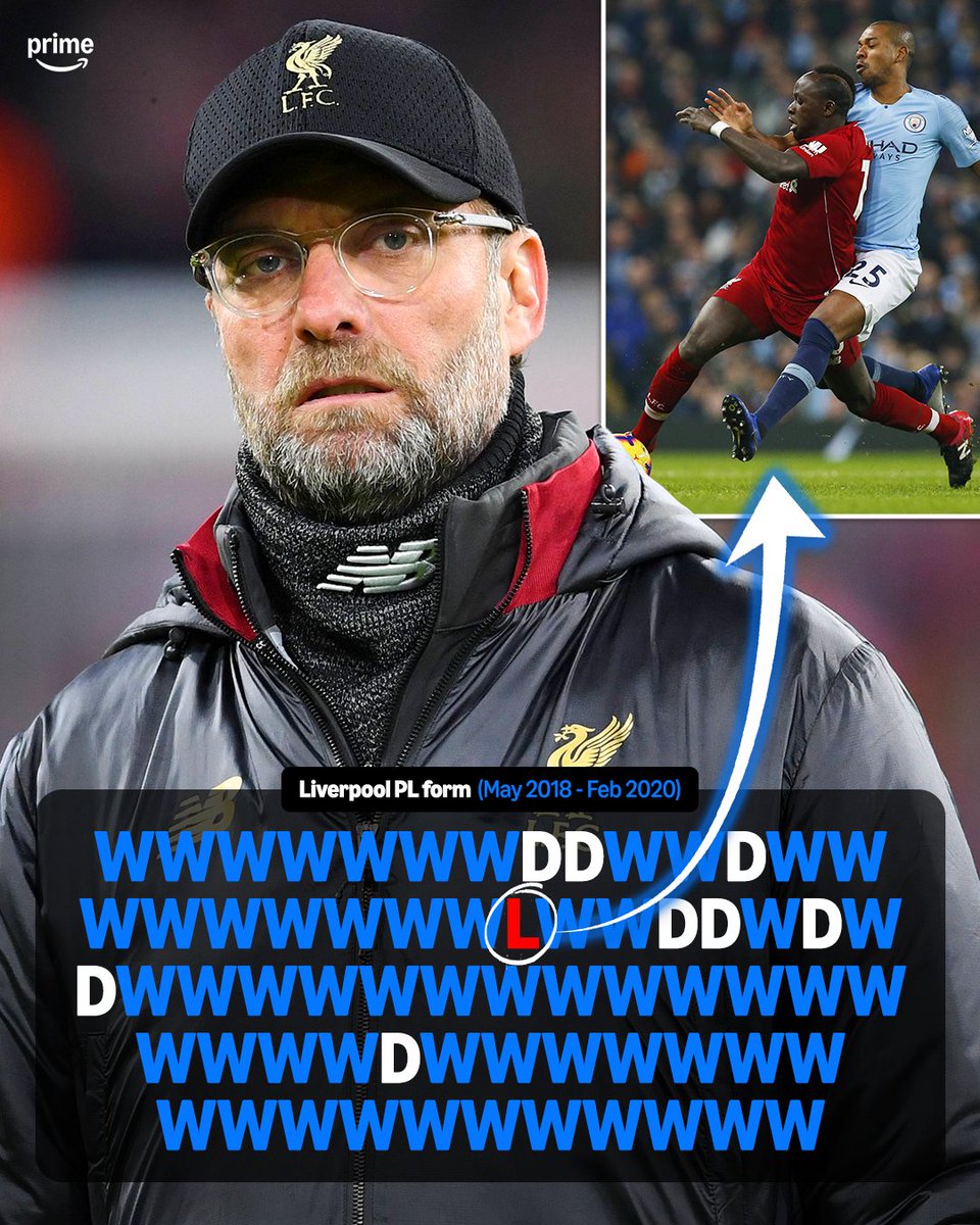 primevideosport's tweet photo. Remembering when Liverpool lost just 𝙊𝙉𝙀 of 66 Premier League games, taking 179 points from a possible 198 ⏪🔥

That only loss came at the hands of Man City 🤯 https://t.co/mIm5S53nD6