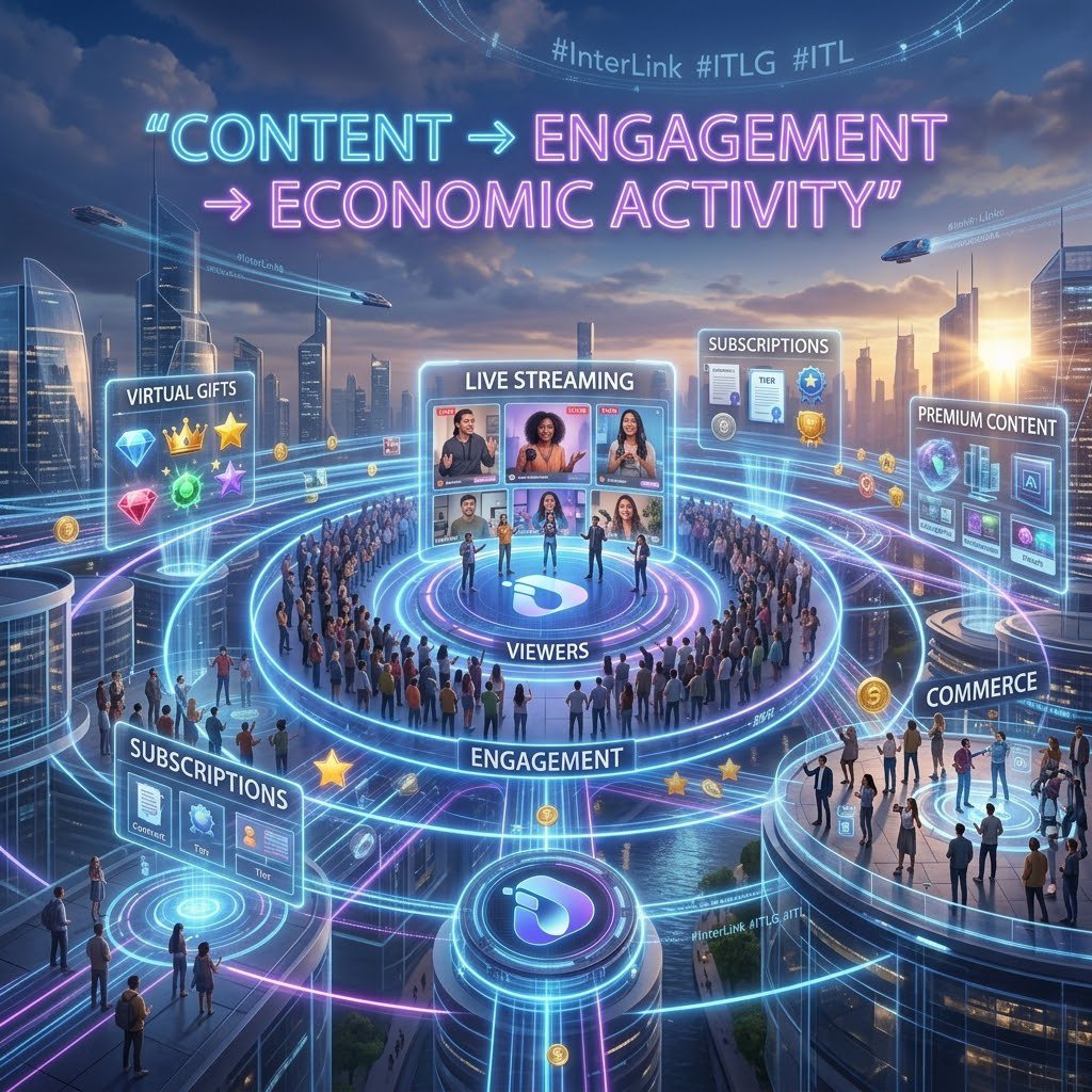 Iukhan1122's tweet photo. The future of social media is an interconnected ecosystem. Content drives engagement, which sparks waves of economic activity. From gifts to commerce, it’s all connected.  #InterLink #ITLG #ITL https://t.co/PArXoe8ehS