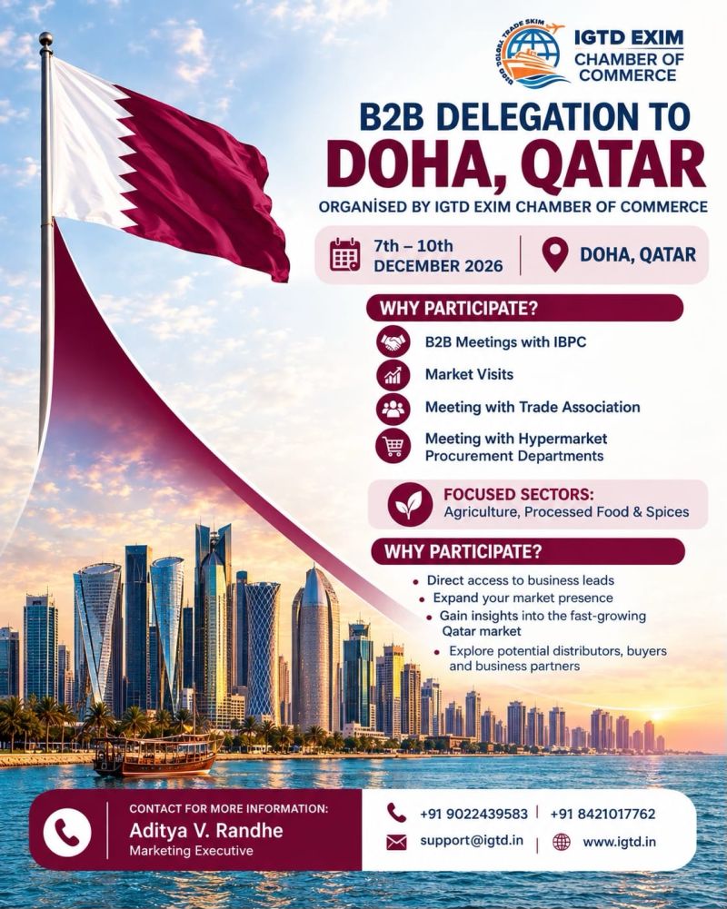 KDSushma's tweet photo. Explore Qatar
Expand Globally
Join B2B Business Delegation to Doha, Qatar by IGTD EXIM Chamber of Commerce
7–10 Dec 2026
Agriculture | Processed Food | Spices
B2B Meetings
Trade Associations
Hypermarket Procurement
Market Visits
Hotel, Visa, Local Transfers included
#Qatar #IGTD https://t.co/zPp2ORhClo