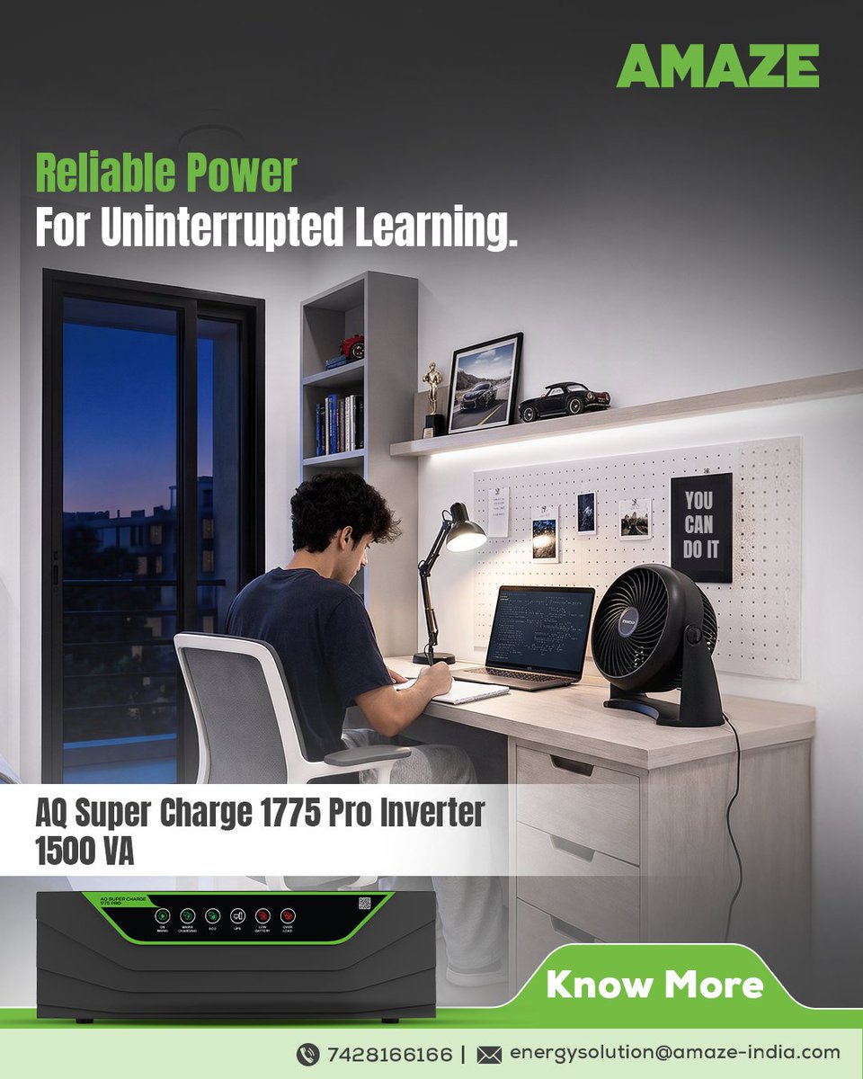 AmazePowerIndia's tweet photo. From attending classes to taking notes, stay focused on what matters. 📚💻
The reliable AQ Super Charge 1775 Pro Inverter helps keep your learning uninterrupted, even when the power goes out.
#Amaze #PowerBackup #UninterruptedPower #StudyTime #Learning https://t.co/3u3IrrglS5