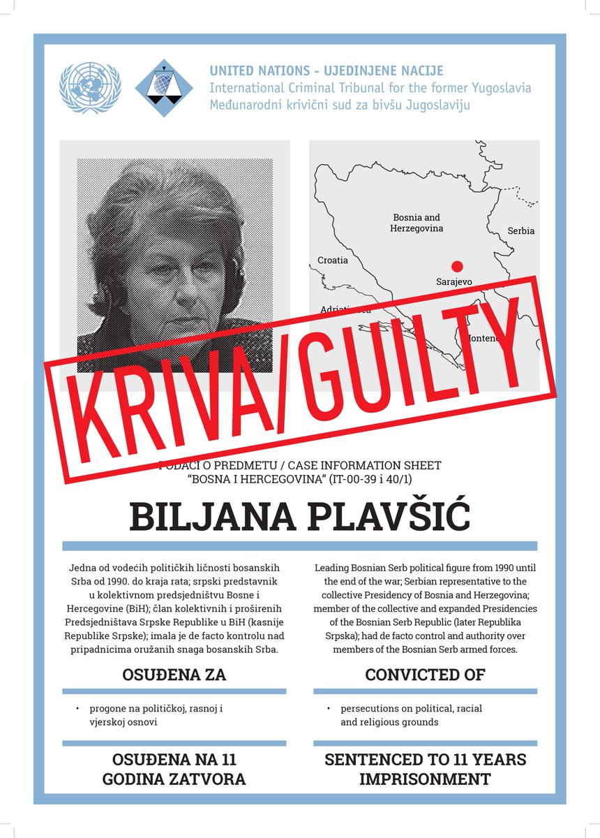 PCRCBiH's tweet photo. Biljana Plavšić, bivša članica Predsjedništva Republike Srpske, 2003. godine osuđena je pred Haškim tribunalom na 11 godina zatvora za zločine protiv čovječnosti. Prethodno je priznala krivicu i prihvatila da su hiljade nevinih ljudi bile žrtve organizovanog i sistematičnog djelovanja da se oni uklone s područja koja su Srbi smatrali svojim. U okviru sporazuma o priznanju krivice, ostale tačke optužnice, uključujući genocid, su odbačene.

Nakon što je odslužila dvije trećine kazne i puštena iz zatvora, priznanje je povukla, tvrdeći da ga je dala samo da bi se izbjeglo dugo suđenje.

Povlačenje priznanja ne briše ono što je rečeno pred sudom. Priznanje je dato svjesno i bez prisile, i ostaje trajan zapis da je jedna od najviših ličnosti ratnog rukovodstva znala za razmjere zločina i njihove posljedice.

Njena smrt ne zatvara pitanje odgovornosti niti pitanje sjećanja. Sudovi su utvrdili šta je počinjeno. Naš zadatak je da te činjenice ostanu dostupne, posebno mladima, i da se ne dozvoli njihovo brisanje.
------
Biljana Plavšić, former member of the Presidency of Republika Srpska, was sentenced by the Hague Tribunal in 2003 to 11 years in prison for crimes against humanity. She had previously pleaded guilty and accepted that thousands of innocent people were victims of organised and systematic action to remove them from areas the Serbs considered their own. Under the plea agreement, the remaining counts, including genocide, were dropped.

After serving two-thirds of her sentence and being released from prison, she withdrew that admission, claiming she had made it only to avoid a lengthy trial.

Withdrawing the admission does not erase what was said before the court. It was given knowingly and without coercion, and it remains a lasting record that one of the highest figures of the wartime leadership knew the scale of the crimes and their consequences.

Her death does not close the question of accountability or the question of memory. The courts have established what was committed. Our task is to keep those facts accessible, especially to young people, and to not allow them to be erased.
