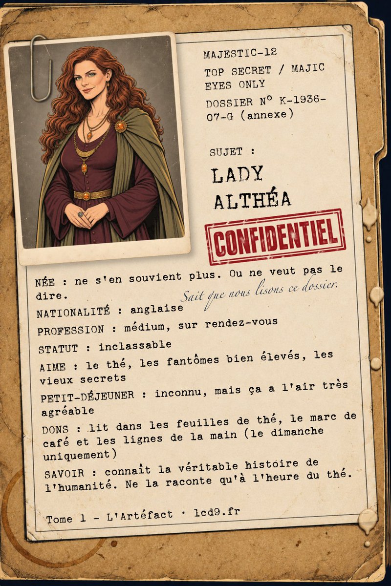 LCD9_1's tweet photo. Dossier K-1936-07-G : Lady Althéa Morgan, médium anglaise. Finit vos phrases avant vous… et sait que vous lisez ce dossier. 🔮
Tome 1 : L'Artéfact · https://t.co/VZodkxKLnA
#BD #BandeDessinée #Pulp #ScienceFiction #Spiritisme #BDIA #IA #ArtIA #Majestic12 #ConseilDes9 https://t.co/pHkeKtu1NT
