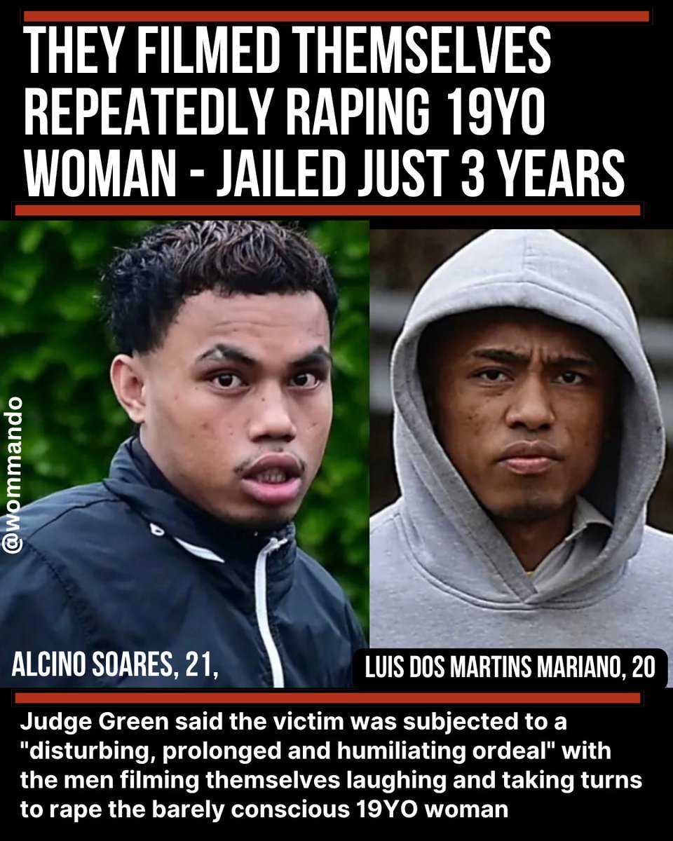 Wommando's tweet photo. ⚠️ OUTRAGEOUS LENIENCY ⚠️

They laughed as they filmed themselves taking it in turns to brutally rape a barely conscious 19YO young woman in a car park.

It's taken 3 years for this poor woman to get justice - and today these two scumbags were handed JUST THREE YEARS PRISON EACH https://t.co/MvBch2XtaX