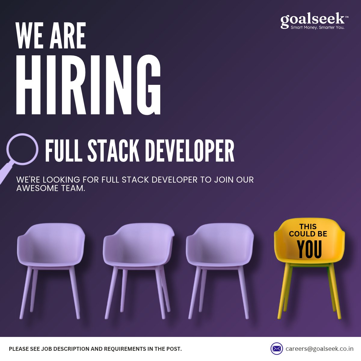 UseGoalSeek's tweet photo. We're hiring a Full Stack Developer at GoalSeek.
We're looking for someone who can take a feature from a rough idea to something running in production.
Remote | India
Full-time | 5+ years
Apply: careers@goalseek.co.in https://t.co/tYknwqHDPL