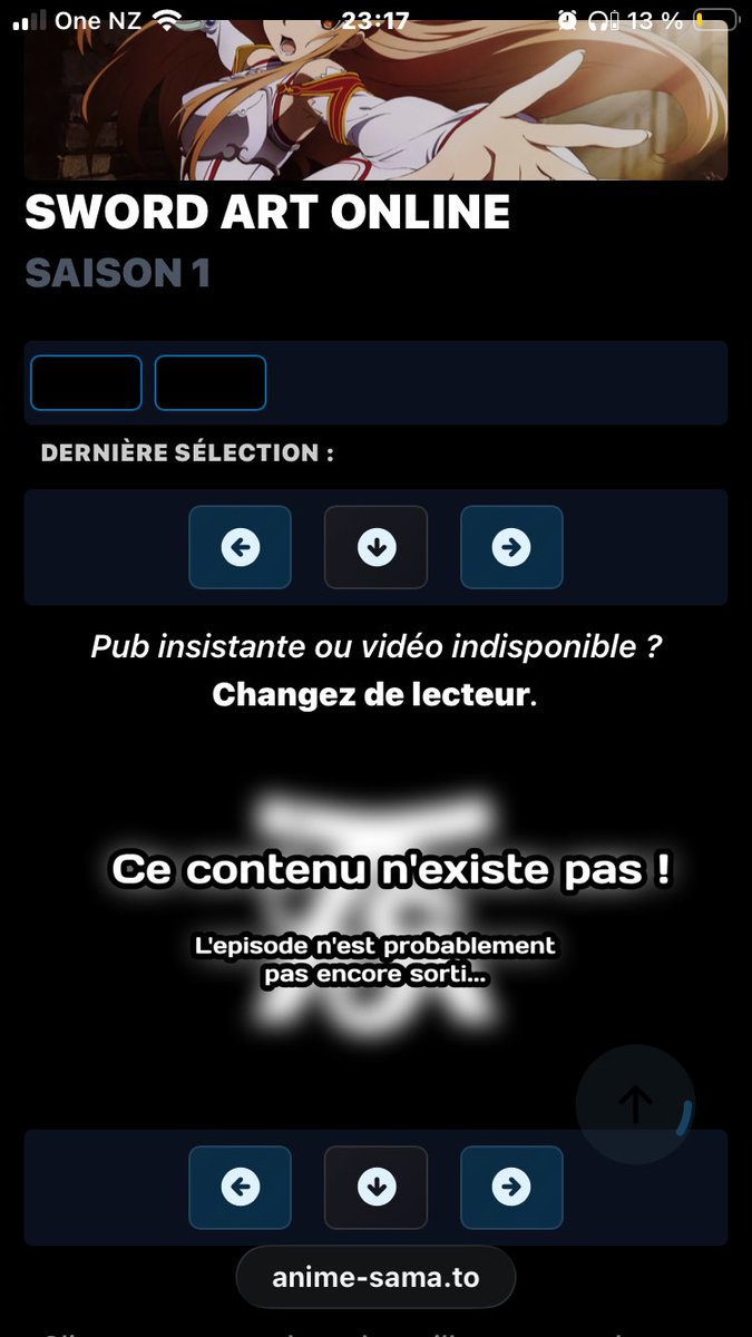 ridojimo_Sama's tweet photo. @Anime_SamaFR bonjour , je vous contacte car y’a 2h je regarder la saison 1 de SAO et tout fonctionner mais la depuis tout à l’heure je regarde et aucune saison en vf de SAO fonctionne es ce normal ? https://t.co/r45VqFdo7I
