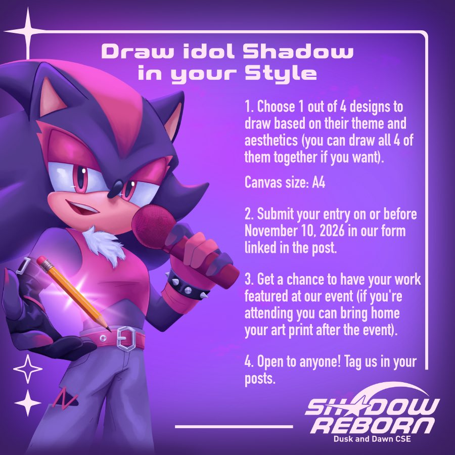 ShadowRebornCSE's tweet photo. 𝐂𝐚𝐥𝐥𝐢𝐧𝐠 𝐚𝐥𝐥 𝐚𝐫𝐭𝐢𝐬𝐭!
Take on the 𝗗𝗿𝗮𝘄 𝗜𝗱𝗼𝗹 𝗦𝗵𝗮𝗱𝗼𝘄 𝗶𝗻 𝘆𝗼𝘂𝗿 𝗦𝘁𝘆𝗹𝗲 𝗖𝗵𝗮𝗹𝗹𝗲𝗻𝗴𝗲 and get a chance to be featured.

Design references in thread

SUBMIT HERE:
https://t.co/7agrnXrDxs

#shadowreborncse #ShadowCSE2026 #ShadowTheHedgehog https://t.co/U3VonWMNDc
