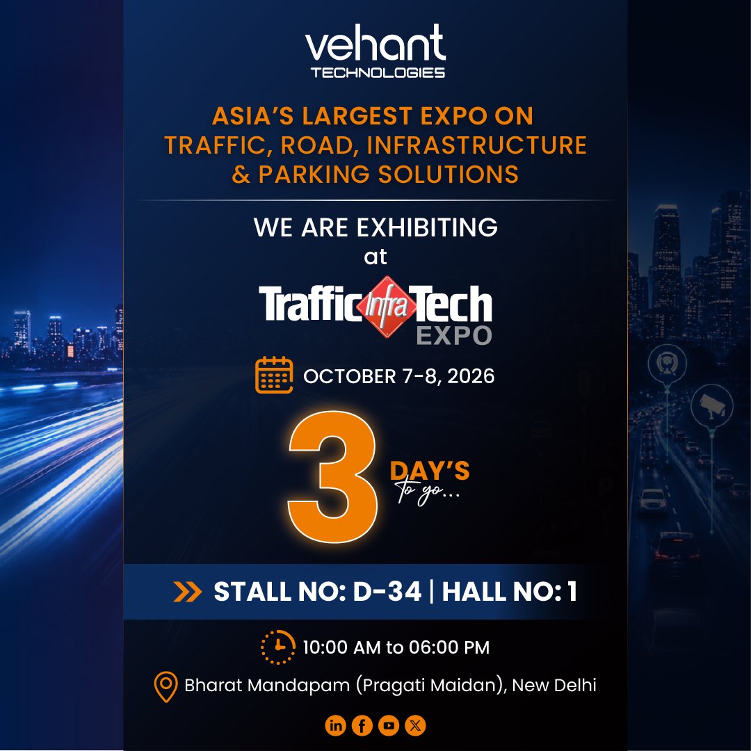 VehantTechnolo1's tweet photo. 3 Days To Go: @TrafficInfra
Join us at Stall D-34 Hall1, Bharat Mandapam, New Delhi on 7-8 October and experience the complete ITS and Smart Mobility under one roof.

Experience the future of traffic management and smart #mobility together. https://t.co/bEkCeDyBVr