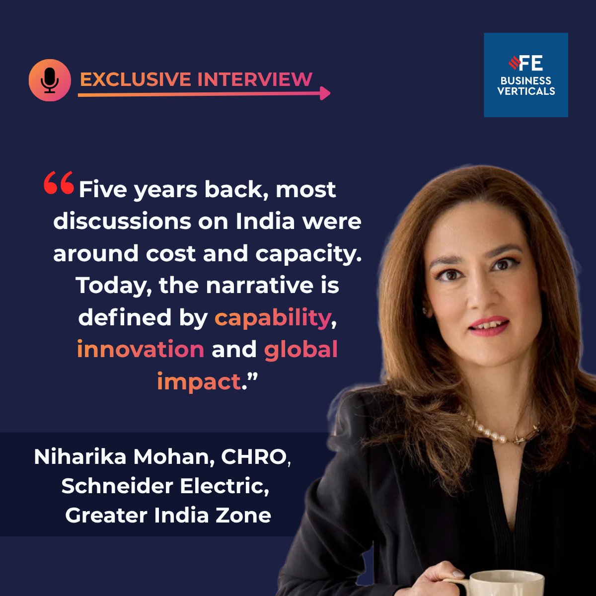 fe_b2b's tweet photo. Niharika Mohan, Chief Human Resources Officer, @SchneiderElec Greater India Zone, highlights how India’s GCC story is shifting from cost and capacity to capability, innovation and global impact.

Read the full interview - https://t.co/gHX81yD1e7 https://t.co/3OQ8dMAHpX