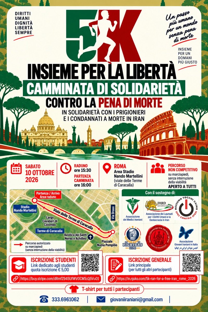 GiovaniIraniani's tweet photo. 📣📣10 OTTOBRE 2026 | ROMA – STOP EXECUTIONS

Il 10 ottobre, Giornata mondiale contro la pena di morte, l’Associazione Giovani Iraniani invita a partecipare a una camminata di solidarietà di 5 km contro le esecuzioni in Iran, insieme alle iniziative organizzate in altre città europee.

I dati di Amnesty International mostrano la gravità della situazione: nel 2025 sono state documentate almeno 2.159 esecuzioni in Iran, il numero più alto registrato da Amnesty nel Paese dal 1981. 

Tra queste, 61 donne sono state giustiziate. Amnesty ha inoltre documentato almeno 11 esecuzioni pubbliche nel Paese. 

E il problema non riguarda soltanto i numeri: nel maggio 2026 Amnesty ha denunciato nuove esecuzioni di persone condannate per accuse politiche e ha segnalato almeno 78 persone ancora nel braccio della morte, tra manifestanti e dissidenti. 

Di fronte a questa realtà, vogliamo creare un momento di solidarietà, sensibilizzazione e partecipazione aperto a tutti.

📍 Roma – Terme di Caracalla
🕞 Ritrovo 15:30
🏃 Partenza 16:00
📏 5 KM – camminata non competitiva

Perché ogni vita conta.
Perché nessuno dovrebbe essere giustiziato per le proprie idee.

👉 Partecipate, condividete e aiutateci a far arrivare questa voce il più lontano possibile.

10 OTTOBRE | STOP EXECUTIONS 🇮🇷

#StopExecutionsInIran  #NoDeathPenalty #Roma