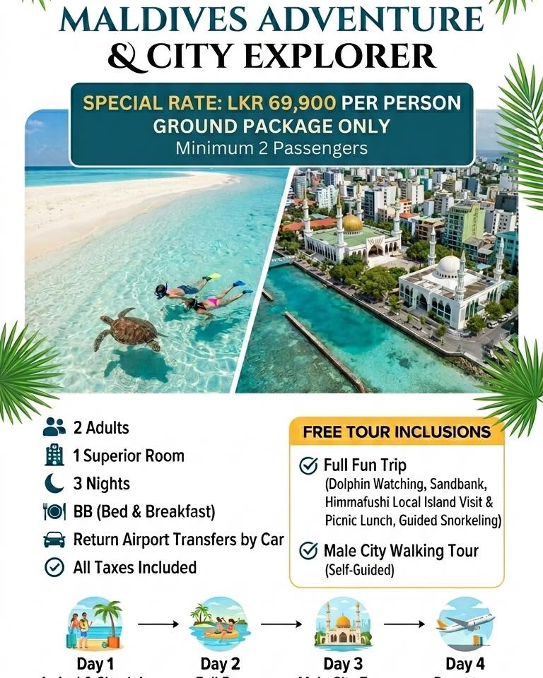 MollieeBoob's tweet photo. Crystal clear waters, sea turtles, and a vibrant city vibe? Yes, please! 😍 I just stumbled across this incredible Maldives ground package deal from LV Holidays and had to share. LKR 69, 900 per person for a 4-day getaway (flights not included, but https://t.co/0pOBRqofvp