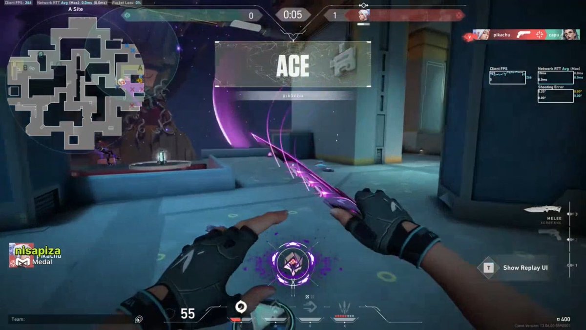A first-person screenshot from the video game Valorant shows a player achieving an 'ACE' with 'pikachu' on their team, with 0.05 seconds remaining in the round.