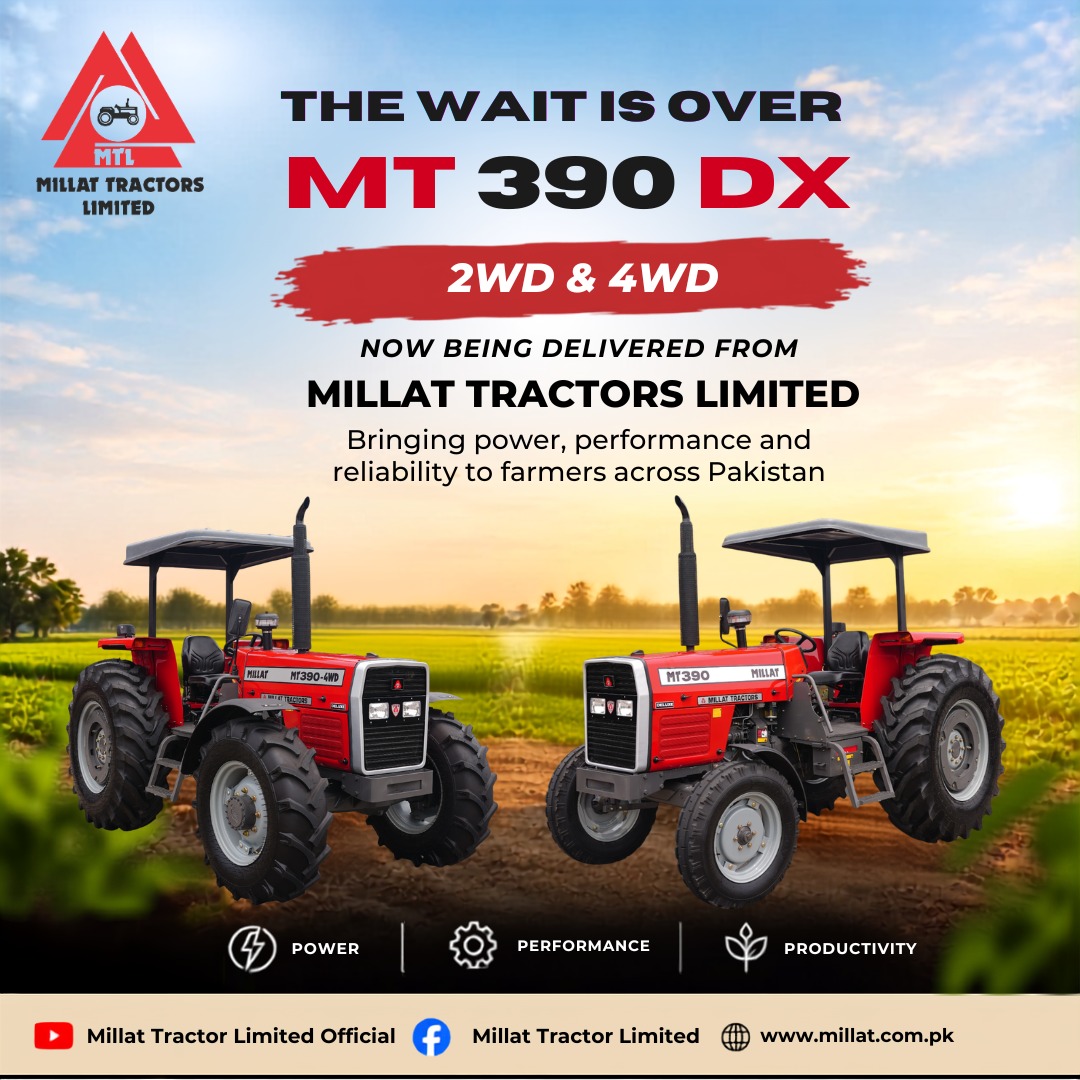 _Millattractors's tweet photo. 🚜 THE WAIT IS OVER!

Meet the MT 390 DX – 2WD &amp; 4WD from Millat Tractors Limited.

Bringing power, performance, reliability &amp; productivity to farmers across Pakistan. 🌾💪

#MT390DX #MillatTractors #AgriculturePakistan #Tractor #Farmers https://t.co/hSxxbFhjKD