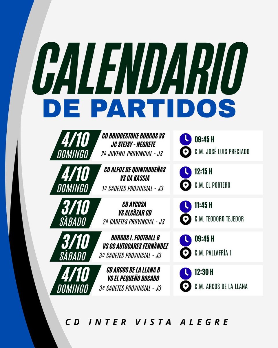 CDInterVA's tweet photo. ⚽️ TERCERA JORNADA PARA NUESTROS EQUIPOS

Este finde del 3 y 4 de octubre continúa la competición para nuestros equipos provinciales

19 partidos cargados de ilusión y ganas de seguir creciendo 🙌🙌

¡Mucha suerte a todos! 💪💪 https://t.co/mWNzYDTY0c