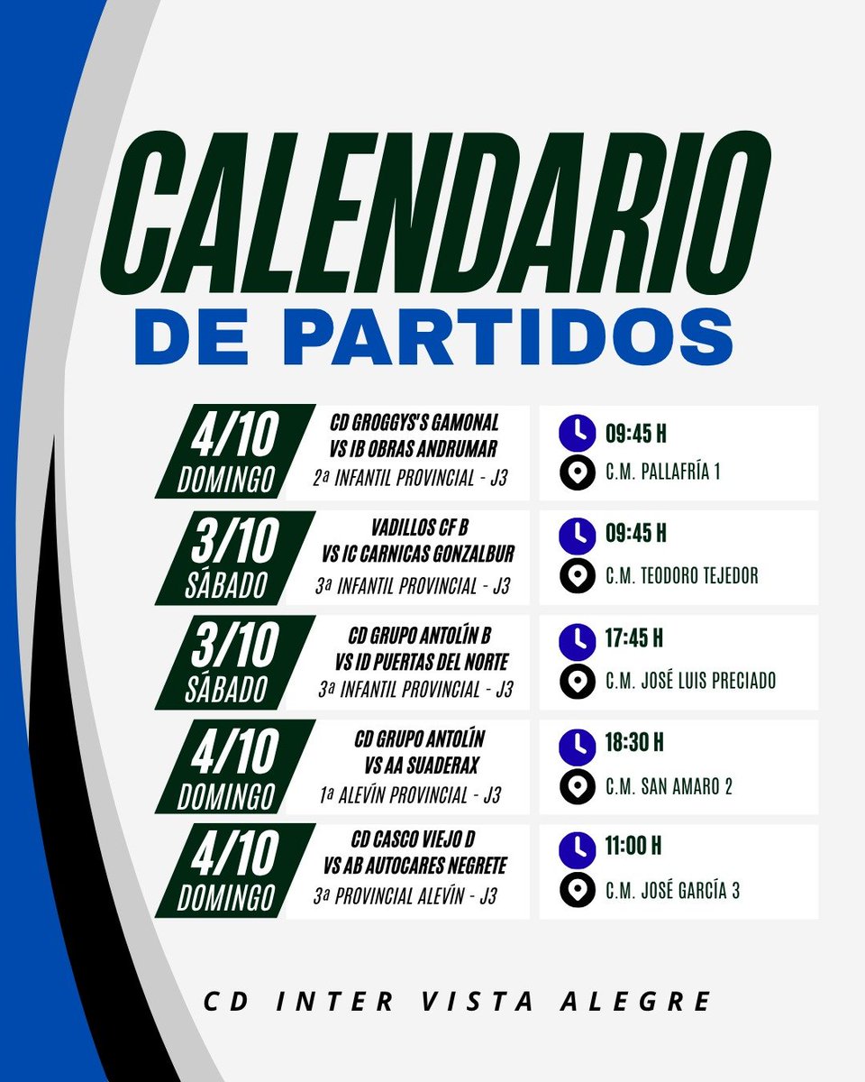 CDInterVA's tweet photo. ⚽️ TERCERA JORNADA PARA NUESTROS EQUIPOS

Este finde del 3 y 4 de octubre continúa la competición para nuestros equipos provinciales

19 partidos cargados de ilusión y ganas de seguir creciendo 🙌🙌

¡Mucha suerte a todos! 💪💪 https://t.co/mWNzYDTY0c