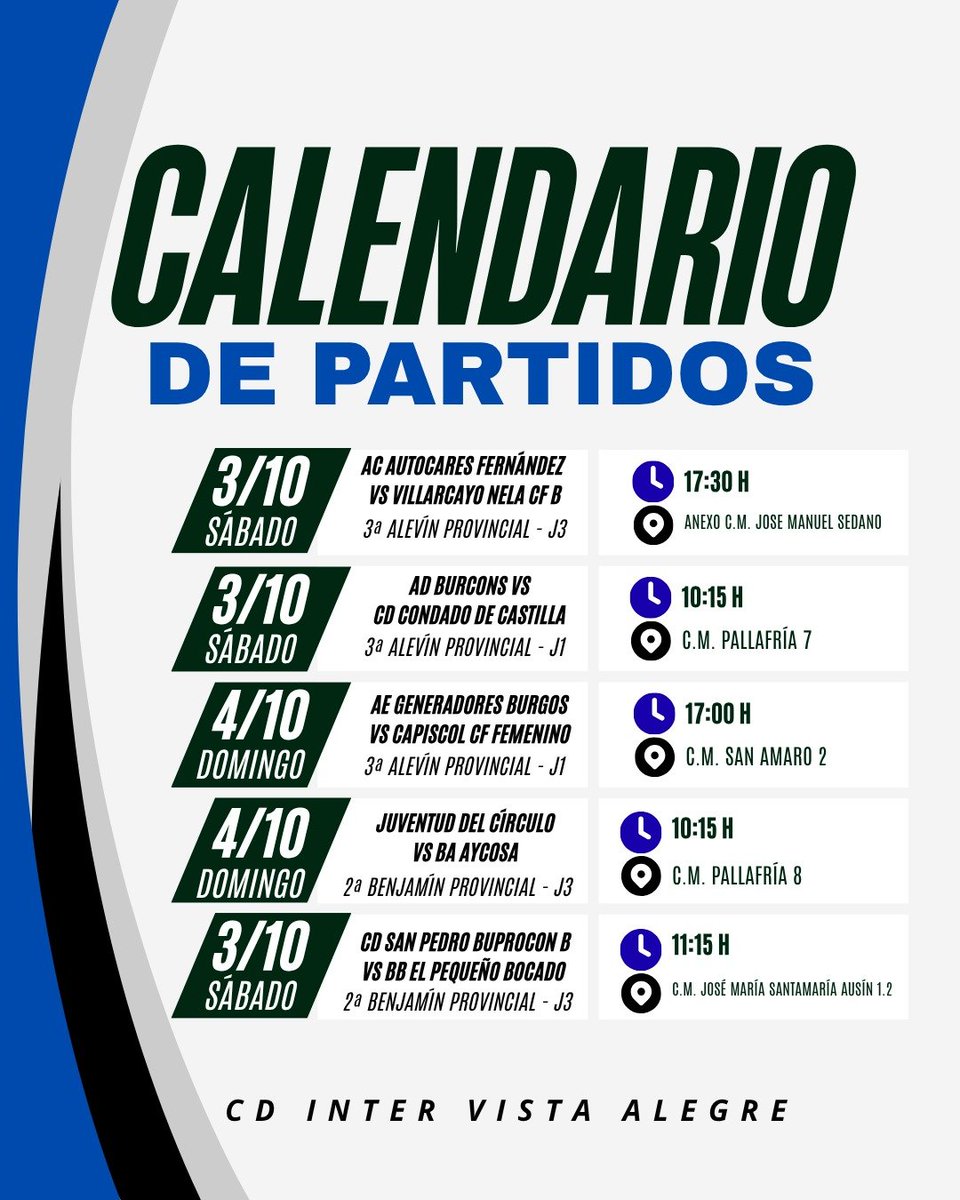 CDInterVA's tweet photo. ⚽️ TERCERA JORNADA PARA NUESTROS EQUIPOS

Este finde del 3 y 4 de octubre continúa la competición para nuestros equipos provinciales

19 partidos cargados de ilusión y ganas de seguir creciendo 🙌🙌

¡Mucha suerte a todos! 💪💪 https://t.co/mWNzYDTY0c