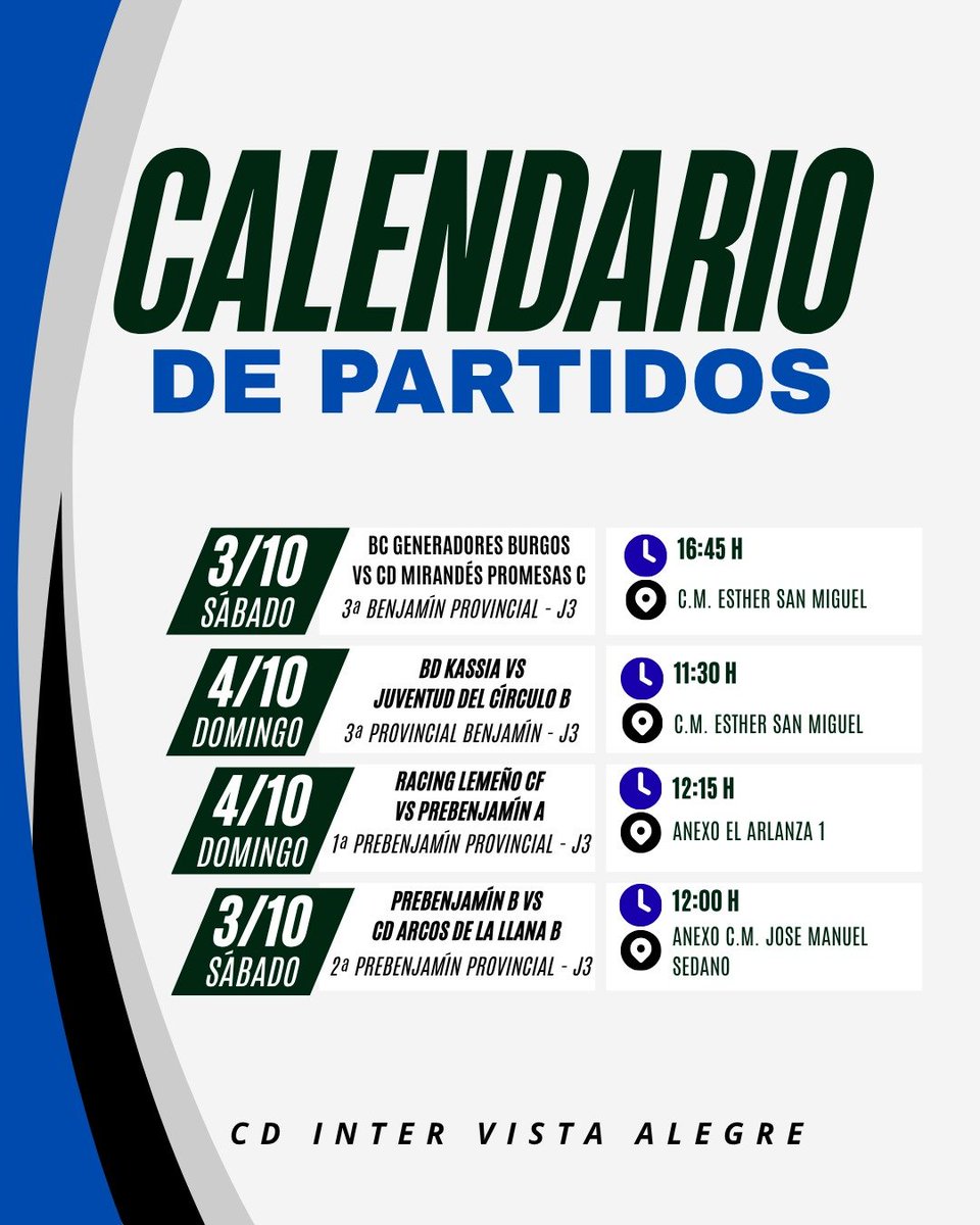 CDInterVA's tweet photo. ⚽️ TERCERA JORNADA PARA NUESTROS EQUIPOS

Este finde del 3 y 4 de octubre continúa la competición para nuestros equipos provinciales

19 partidos cargados de ilusión y ganas de seguir creciendo 🙌🙌

¡Mucha suerte a todos! 💪💪 https://t.co/mWNzYDTY0c