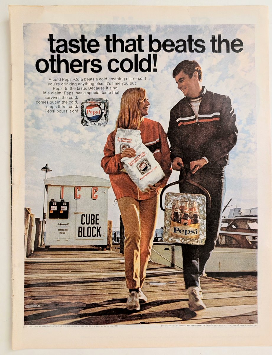 The_Record_Inst's tweet photo. 1968: Pepsi freezes a six-pack in solid ice, hoists it with tongs — 'taste that beats the others cold!'

The 'Pepsi Generation' staking its claim on the Mexico City Olympics, crowned 'number-one soft drink in Mexico City' under the Olympic rings.

https://t.co/d7Jx6xcTaI https://t.co/2LxKZygKhV