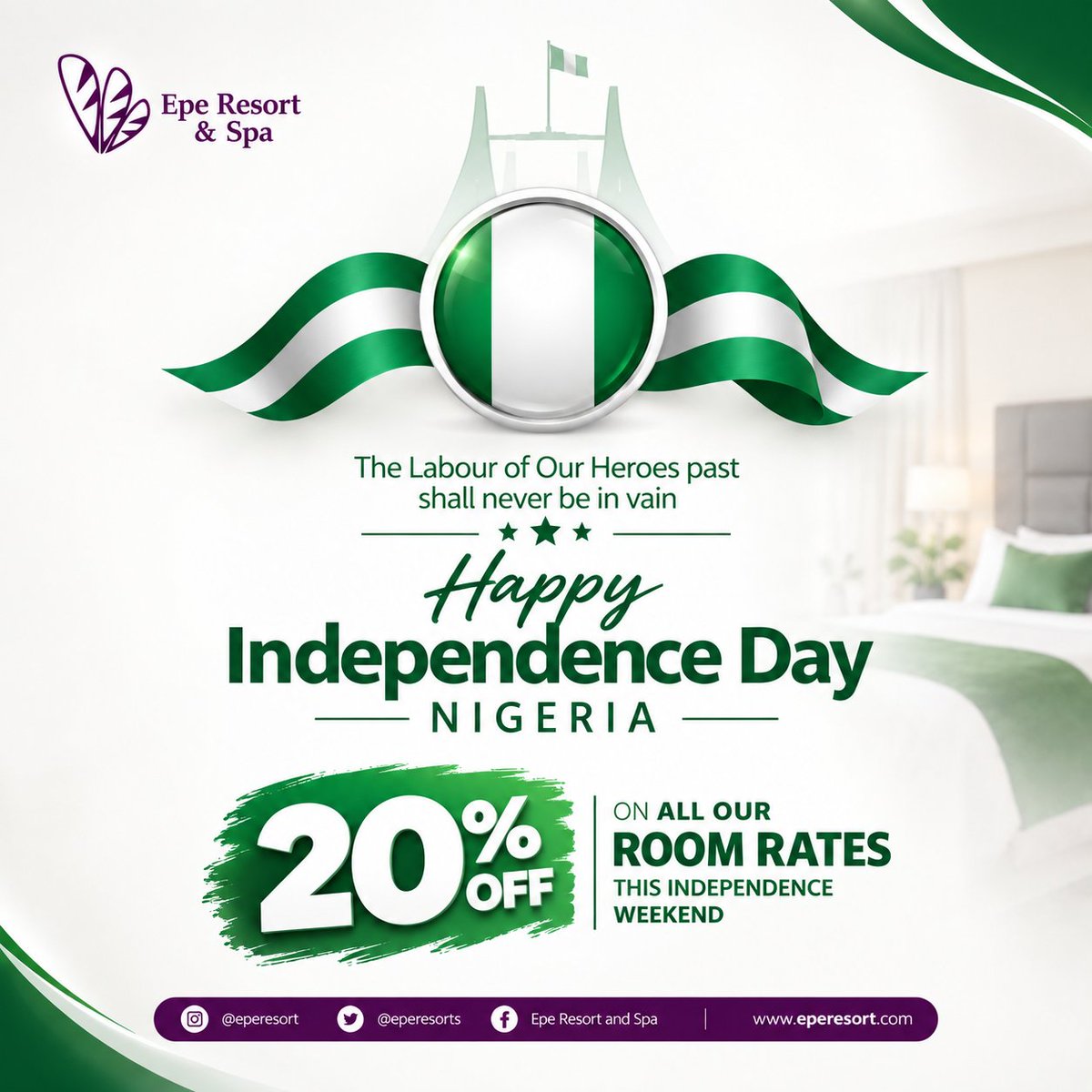 epe_resort's tweet photo. Happy Independence Day Nigeria !!
Enjoy 20% OFF on all our rooms this Independence weekend
#eperesort #IndependenceDay #WeekendGetaway https://t.co/nhAOZ56fZ2