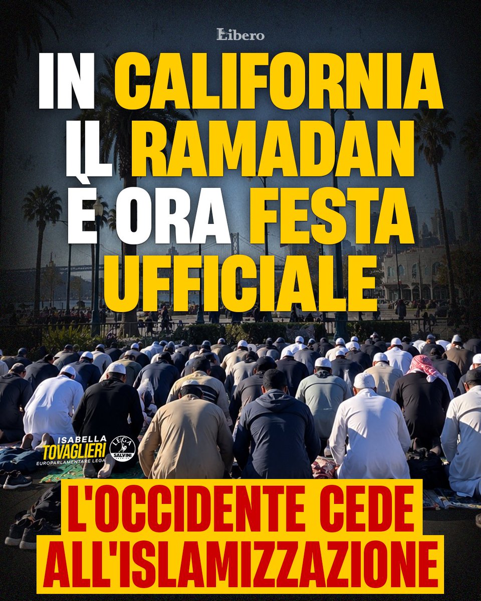 isatovaglieri's tweet photo. Lo Stato più woke e progressista degli USA cede alle pressioni degli islamici e rende il Ramadan festa nazionale, al pari di Pasqua e Natale.

Per quale motivo in Occidente dobbiamo sottometterci alle richieste dei musulmani, riconoscendo festività che non hanno nulla a che fare con la nostra storia e le nostre tradizioni, mentre nei loro Paesi i cristiani vengono perseguitati, le Chiese vengono chiuse e le nostre festività certamente non sono viste di buon occhio?

Per quale motivo dobbiamo continuare a chinare il capo di fronte a chi ci odia, ci disprezza e vuole sostituire la nostra cultura con la propria?

L’Occidente deve svegliarsi. Ne va del nostro futuro.