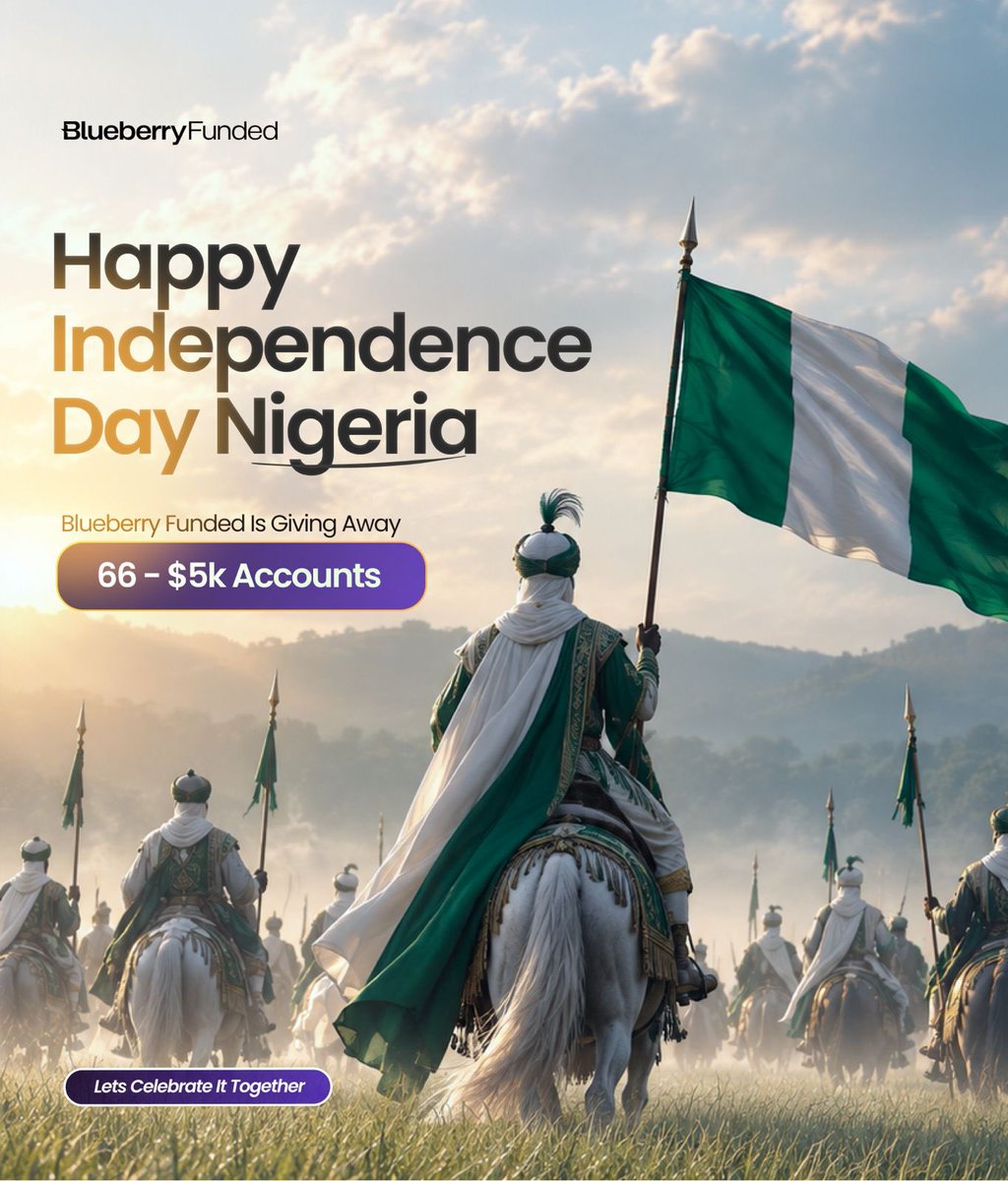 BBFNigeria's tweet photo. ❗️ GIVEAWAY 🇳🇬 ❗️

Nigeria is 66 years old today

To celebrate Nigeria Independence, Blueberry Funded would be giving $5,000 accounts to 66 Traders.

To qualify:

1. Like and Repost 
2. Comment : “Nigeria would be great again” 

NIGERIA66 gives you 40% discount off any account model you decide to purchase during this independence till Sunday
