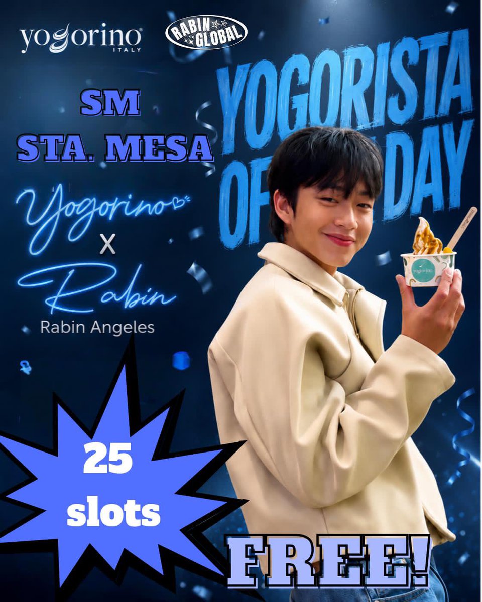 RABINGLOBAL's tweet photo. Get a chance to meet Rabin Angeles tomorrow at the Yogorino SM Sta. Mesa branch as he takes the spotlight as our Yogorista of the Day! 🍦💙

Dabins, your mother got you! 😍

We’re giving away 25 FREE slots to our followers on Facebook, TikTok, and X! https://t.co/6mzoAXArOv