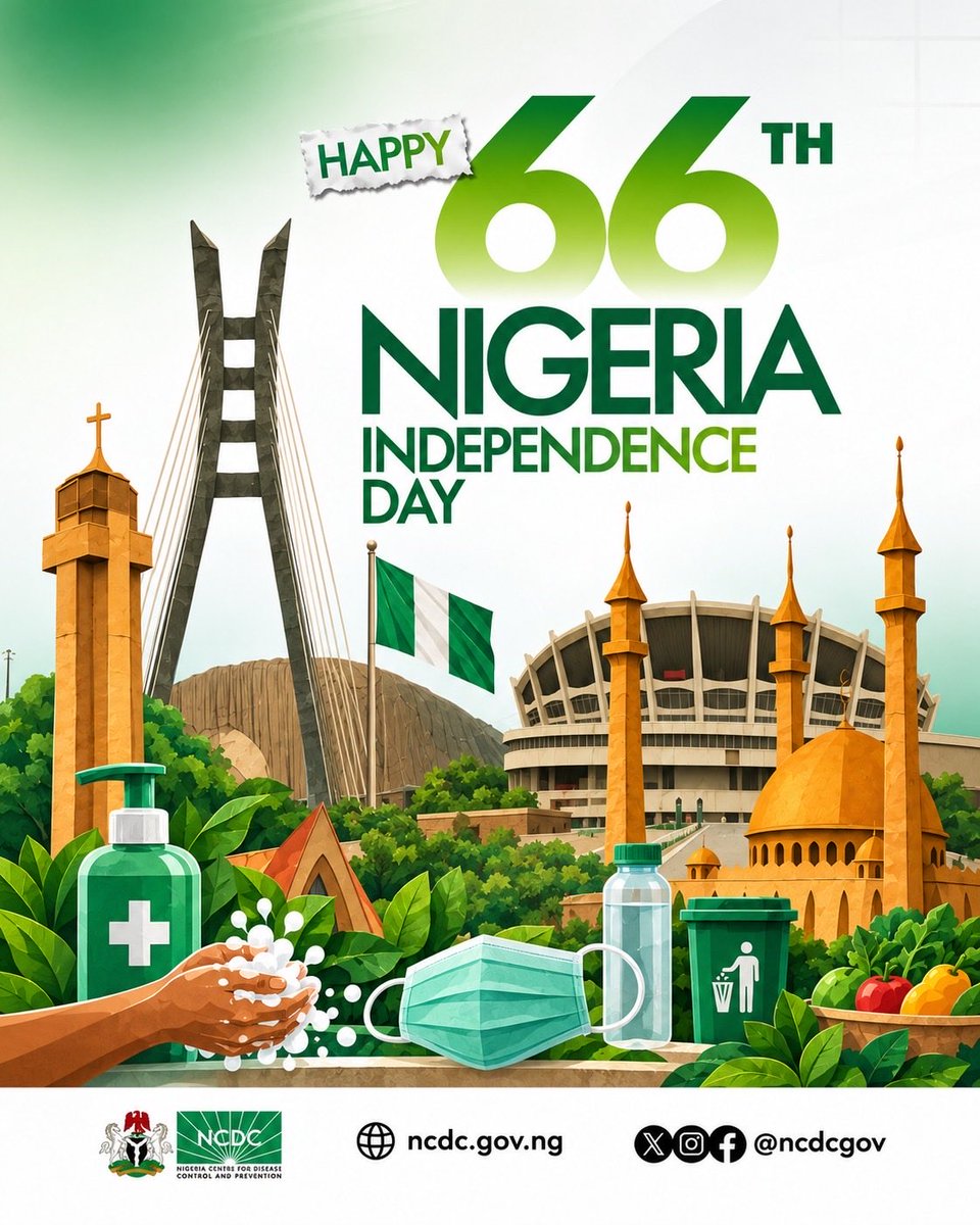 NCDCgov's tweet photo. This Independence Day, let’s celebrate our strength, resilience and unity, remembering that a healthier Nigeria starts with all of us.

Every healthy choice matters. Every action to prevent disease matters. Every effort to protect ourselves, our families and our communities matters.

As we commemorate 66 years of independence, let’s continue to play our part in building a healthier, safer Nigeria.

Happy Independence Day, Nigeria! 🇳🇬

#NigeriaAt66th #PublicHealth #NigeriaCDC